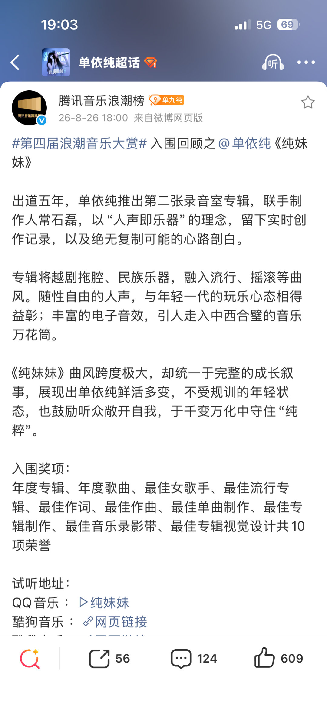 金曲奖五提
浪潮榜十提
《纯妹妹》 ​