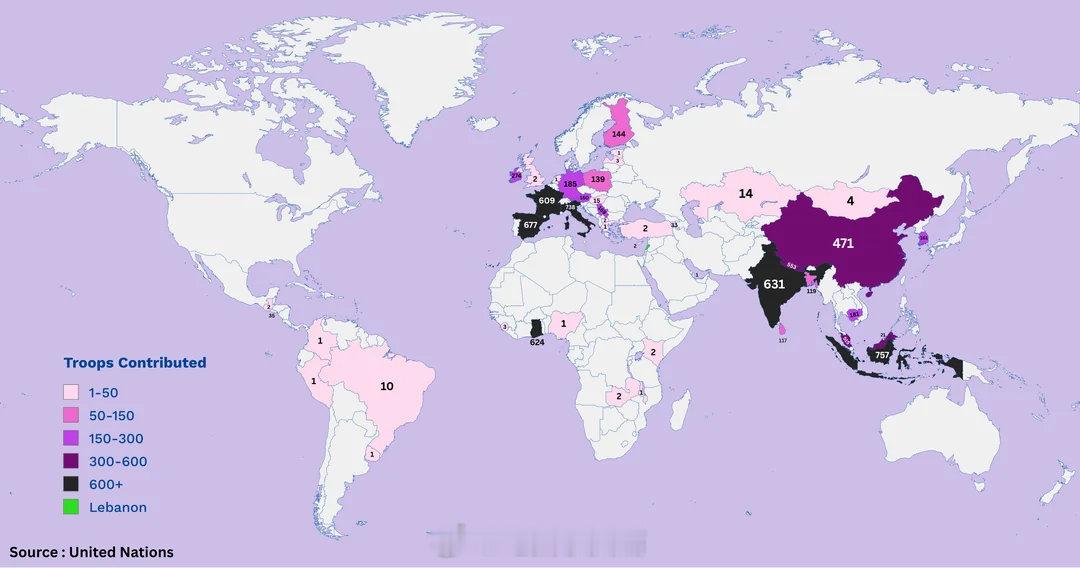 联合国驻黎巴嫩临时部队（联黎部队）出兵国分布图（按出兵规模划分）
截至 2026 年 8 月 19 日，联合国驻黎巴嫩临时部队 (联黎部队) 由来自 46 个出兵国的7,462 名维和人员组成 。 ​