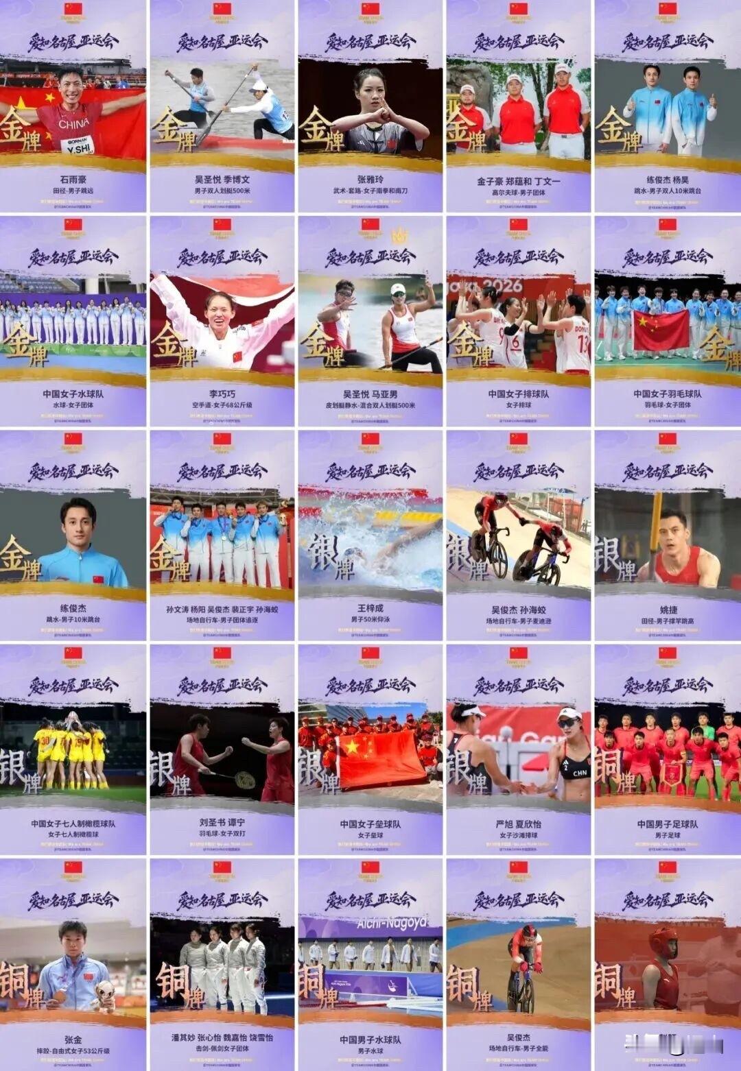 2026名古屋亚运会落幕，一起来看看中国三大球交出的最终成绩单。

先看男子三大球，中国男足拿到铜牌，实现不小突破；中国男排、中国男篮双双位列第四名，离领奖台只差一步。

再看女子三大球，中国女排奋勇拼搏拿下宝贵金牌；中国女篮收获铜牌；中国女足取得第四名。

有惊喜，也有遗憾。金
