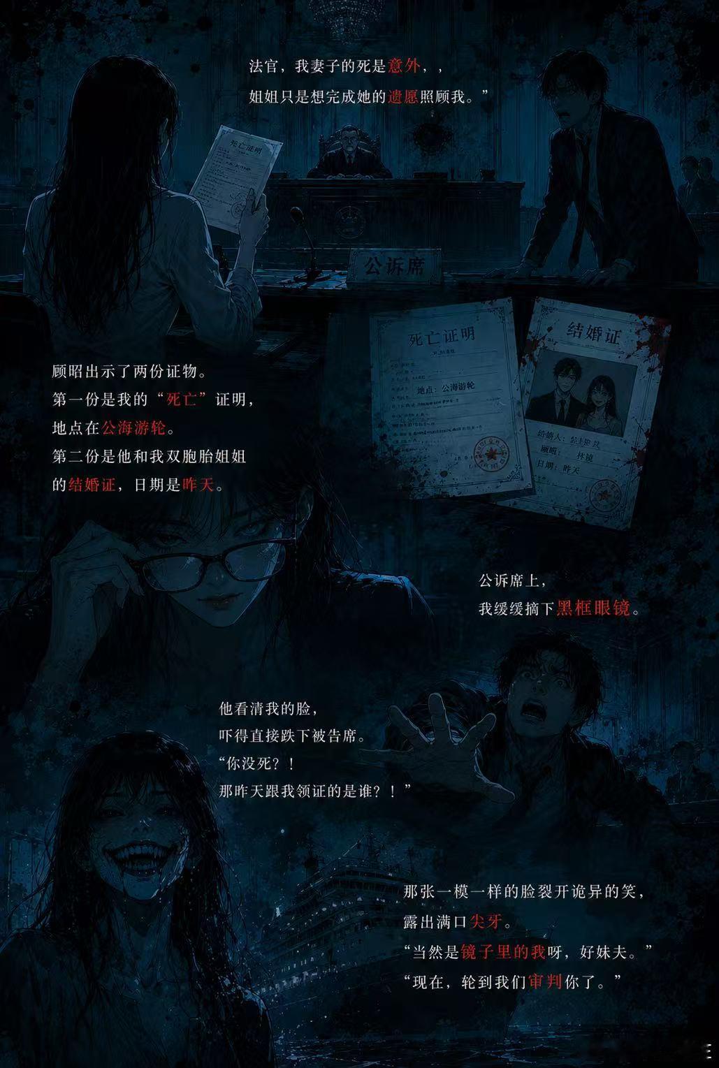 #推文[超话]##小说资源铺[超话]#🪞镜鬼索命✖️🌊推妻骗保✖️💍和小姨子闪婚✖️⚖️法庭直播✖️👹镜中审判✖️🔥高能反转

🩸《镜鬼审判》🩸

丈夫以为我死在了公海。
可开庭当天，
我却坐在公诉席，
亲眼看着他拿出我的死亡证明。
他不知道，
昨天娶回家的那个”妻子”，
根本不是人 ​