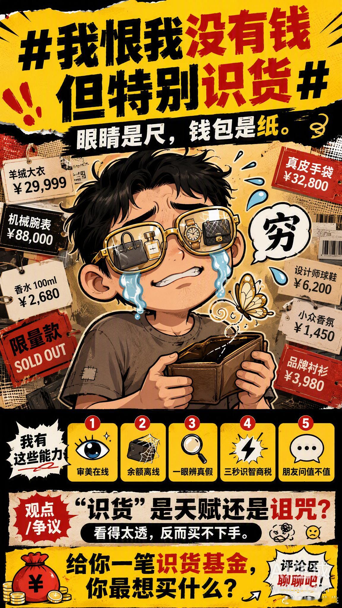 我恨我没有钱但特别识货 这个热搜简直是当代年轻人的真实写照——眼睛是尺，钱包是纸。明明能看出哪件大衣是羊绒、哪瓶香水是沙龙线、哪家餐厅是真米其林，但打开余额一看，连外卖满减都要算三遍。识货技能点满了，购买力却还在新手村。最扎心的是什么？是你在专柜摸了一下质感就知真假，在直播间三秒辨别智商税，朋友买东西都来问你「这个值不值」——但你只能回一句「值，但别买，找平替」。这种「审美在线、余额离线」的状态，说的是不是你？所以问题来了：如果给你一笔「识货基金」，你最想拿下哪件看了八百遍都没舍得买的东西？情感热点创作激励计划情感态度表达