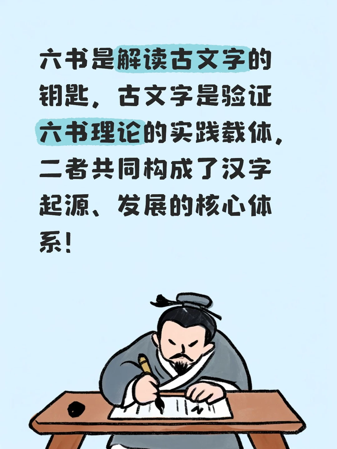 学习研究古文字的理论基础：六书。