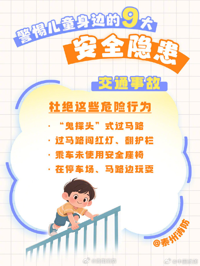 #纸尿裤甲酰胺问题调查结果#【9张图稳稳守护孩子暑假平安】儿童安全不容忽视！盘点孩子身边9大隐患！跌落、触电、交通意外、溺水、异物卡喉......每一项都暗藏危机！家长盯紧高危场景、收纳危险物品，给孩子做好安全教育。（泰州消防） ​​​