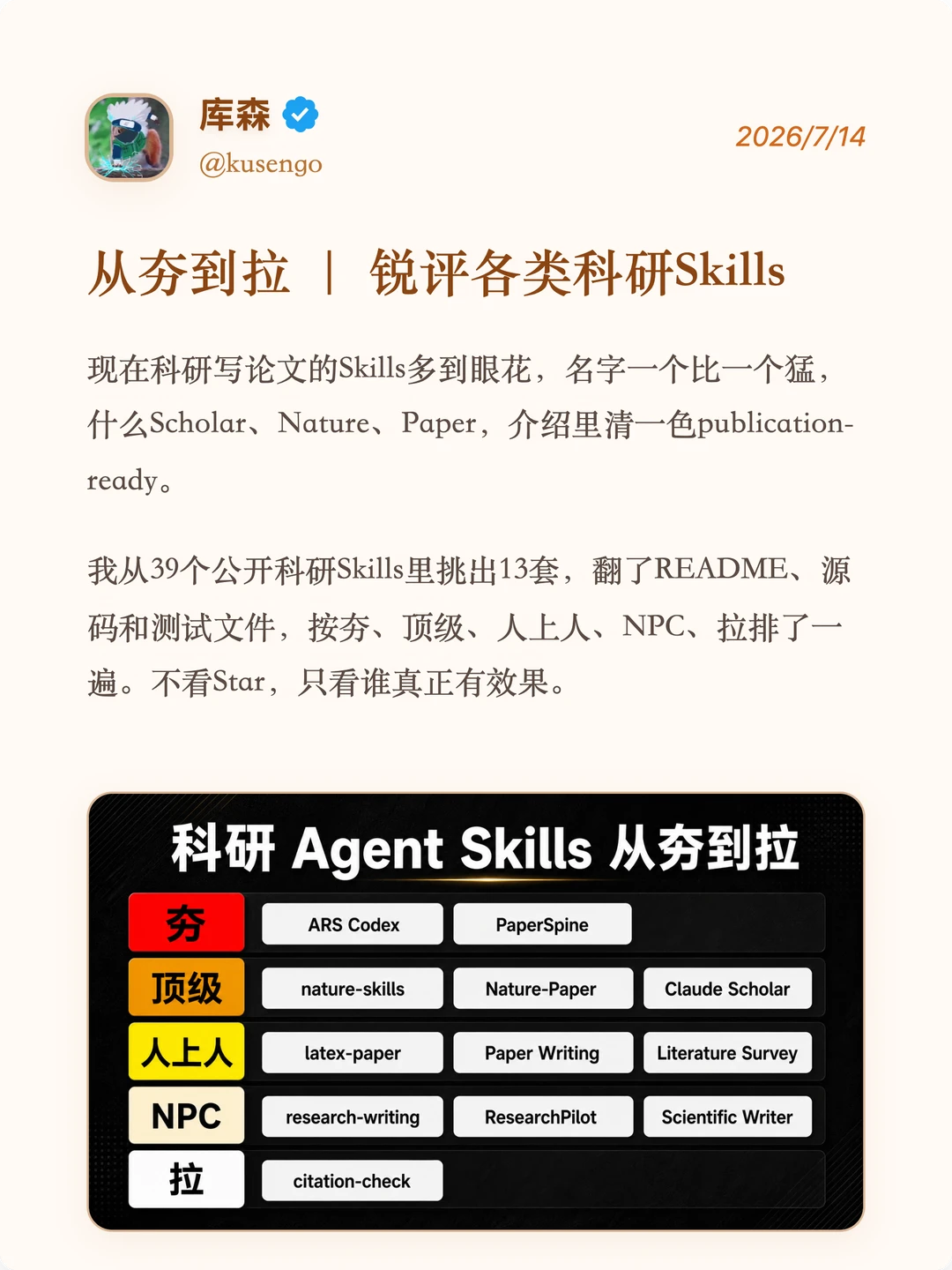 从夯到拉，锐评论文Skills