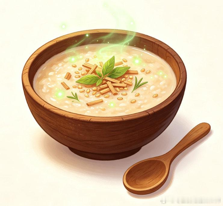AI做完了5属性的料理
（设定我给它的……）
然后夫人看到问我，左边这个粥是什么名头？
我说……这叫木屑粥
：木屑粥？
：对，采用千年灵木的根，刨成木屑，掺在粥里。可以增加人物角色的工作时间……
：怎么这个东西我好像在哪里见过…… ​