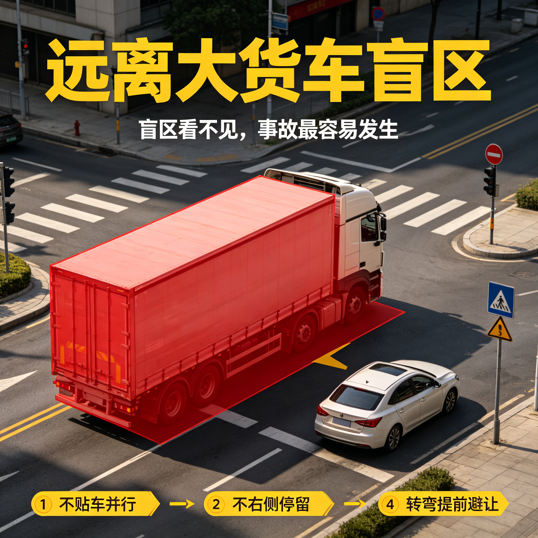避免大货车盲区事故，核心不是“小心一点”，而是做到远离盲区、果断通过、拒绝抢行。
私家车司机首先要记住：大货车车头两侧、车尾、右后方都是高危盲区。不要贴车并行，不要长时间跟在货车后面，尤其不要在货车右侧僵持。能超就快速超过，不能超就拉开距离。
经过路口、收费站、服务区