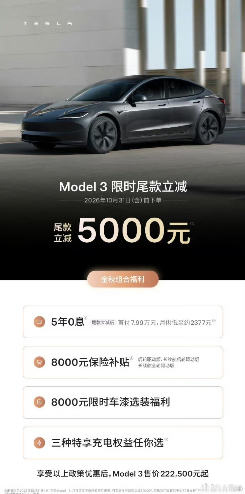 特斯拉又搞中秋大促了。
Model 3 全系尾款立减5000，Model Y 部分车型立减7000，10月31日前下单。
但 Model Y 上一波直接减1万，这波缩到7000，部分车型等于变相涨了3000。
8月国内交付才5万辆，同比掉12.4%，连续三个月下滑。
优惠一轮接一轮，销量还是起不来，这张价格牌快打完了。
想上 Model Y 的 ​