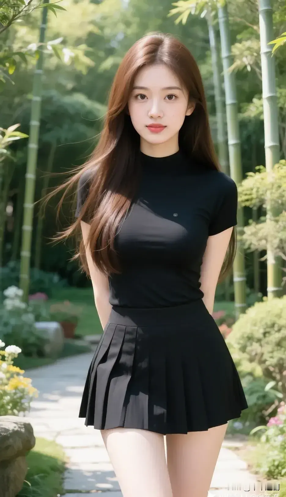 竹林小径，她一身黑衣利落又娇俏。长发随风轻扬，裙摆藏着灵动，把自然的...