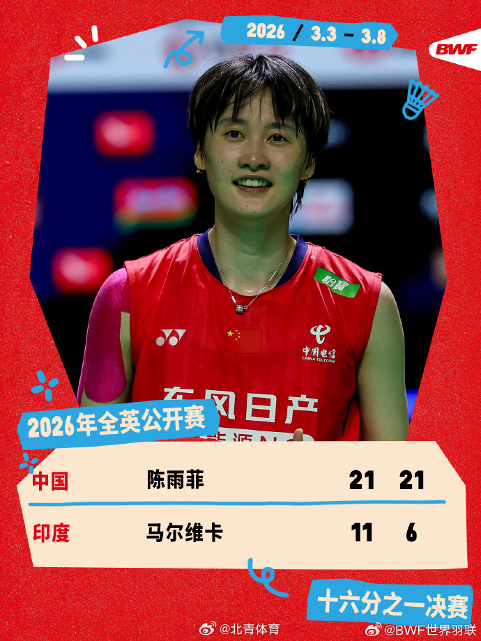 2026全英羽毛球公开赛女单，陈雨菲21-11、21-6速胜马尔维卡...