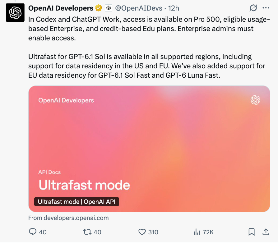 OpenAI 上线 Sol Ultrafast：快 8 倍、贵 6 倍

当地时间 10 月 8 日，OpenAI 开发者账号宣布，GPT-6.1 Sol 的 Ultrafast 模式当日起在 API、Codex 和 ChatGPT Work 上线。

先说清楚：这不是一个新模型。它是 service_tier，一个按请求指定的服务档位，模型还是 gpt-6.1-sol，只是把输出 token 的生成 ​