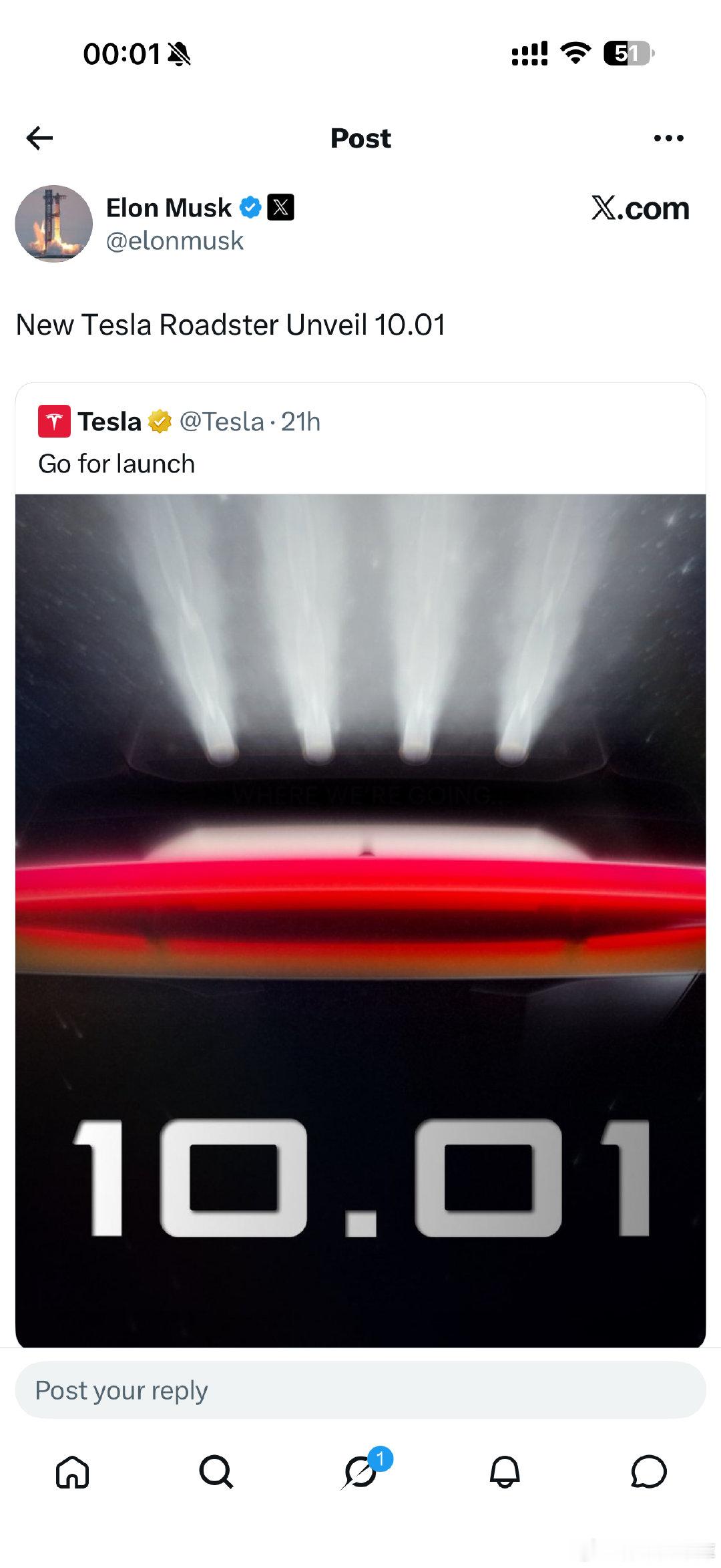 特斯拉Roadster2终于要来了，马斯克预告10月1揭幕，官网上线了倒计时页面

说实话电跑里只期待过三款，一款是它，另外两款是纯电718和莲花Type135（现在改混动了）

#特斯拉roadster##特斯拉# ​