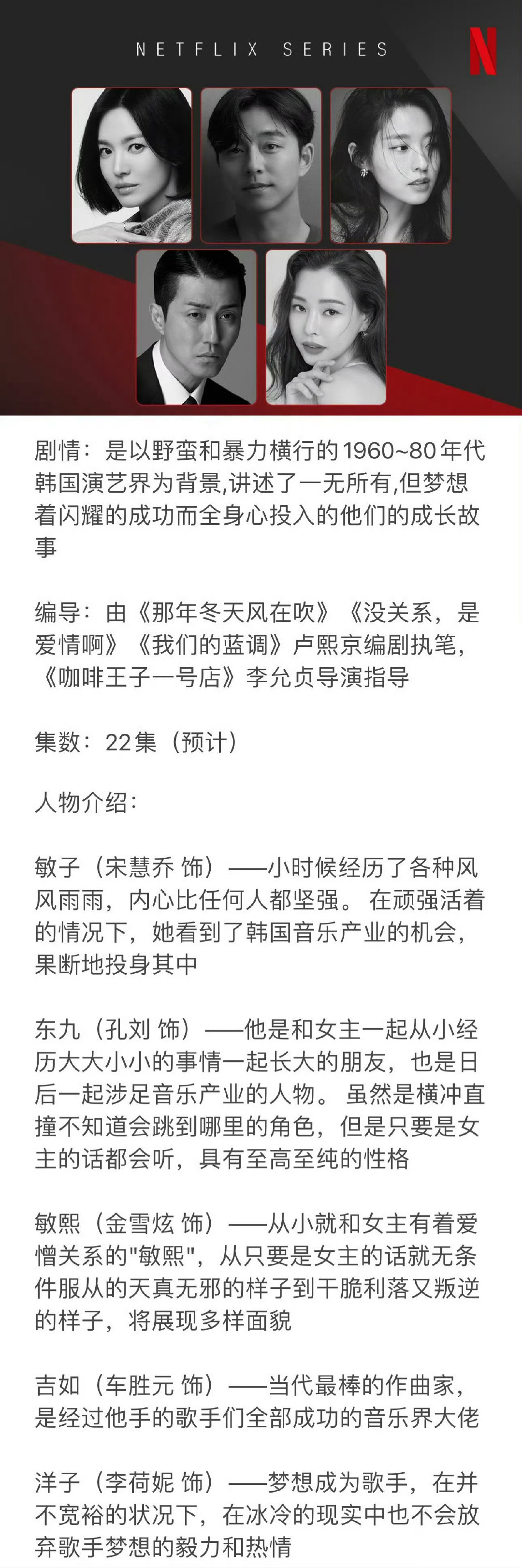 宋慧乔x孔刘《梦响年代》确定12月11日网飞公开

剧情：在野蛮与暴力横行的 20 世纪 60 至 80 年代演艺圈，那些为了璀璨成功而全身心投入的人们的人生舞台 

编导：由《咖啡王子1号店》李允贞导演执导，《没关系，是爱情啊》、《我们的蓝调》卢熙京编剧执笔 ​