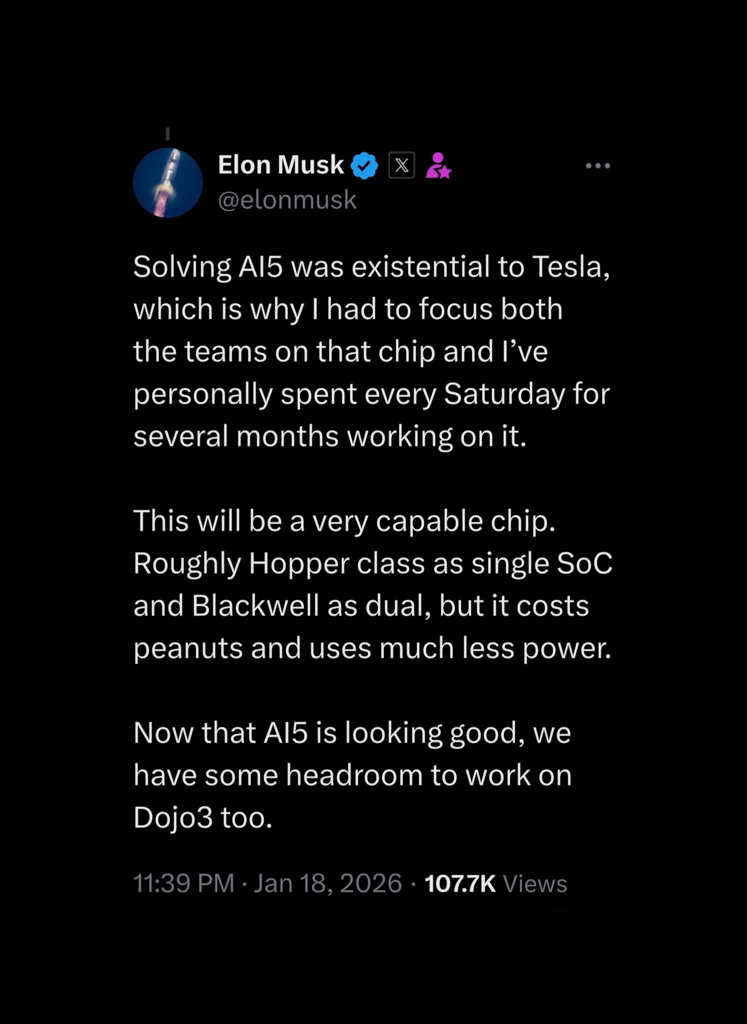 特斯拉的芯片游戏，不是开玩笑的。  AI5芯片要来了。 单片SoC的性...