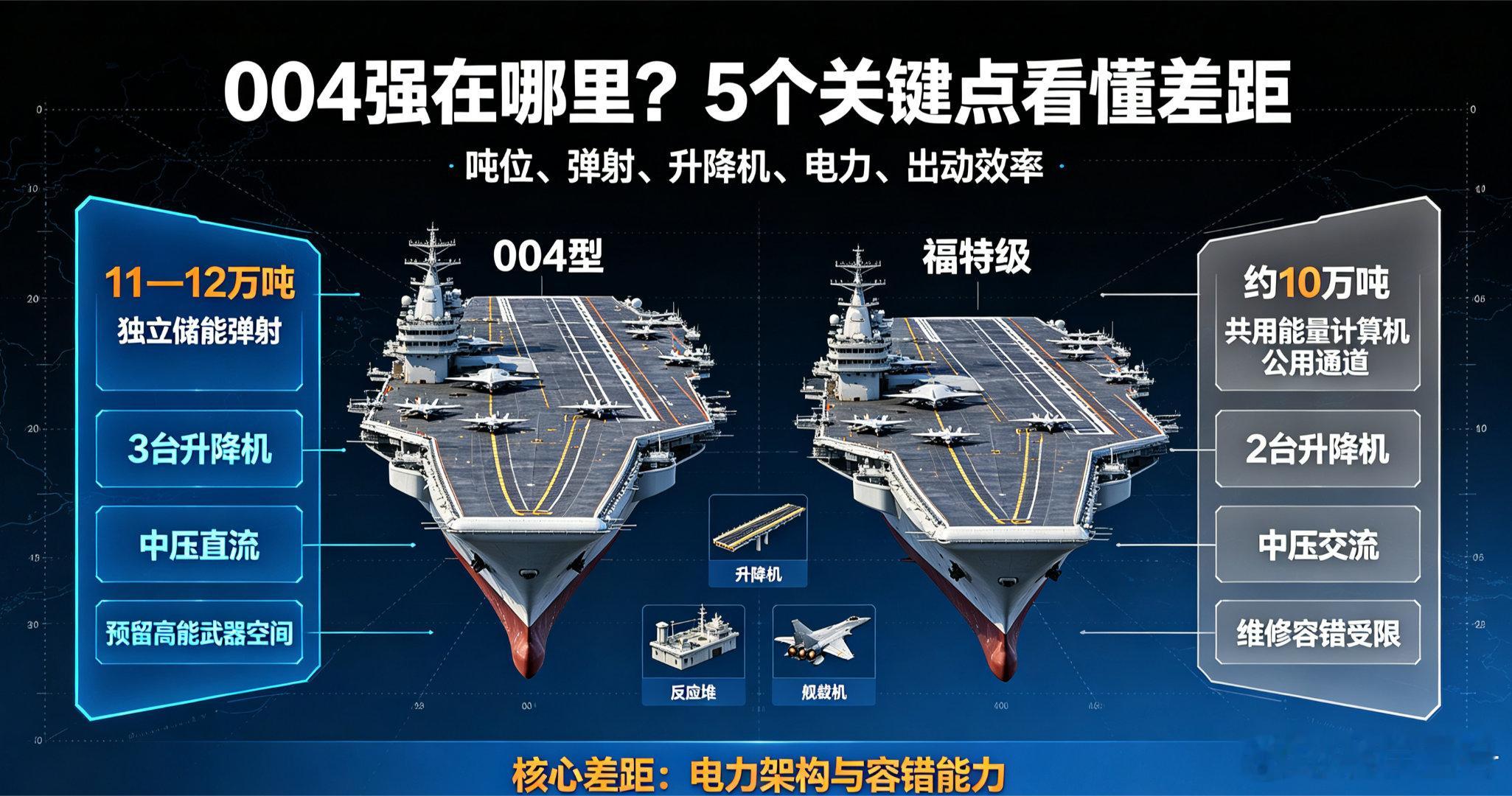 004型各个方面参数均至少领先福特级半代以上！ 
说明：004尚未正式公布官方参数，以下为国内外军事机构、开源情报综合研判，整体综合性能领先福特级半代。
 
1、吨位、尺寸、舰体钢材
 
- 福特级：满载约10万吨，舰长337米，水线宽40.8米。
- 004：满载排水量11‑12万吨，舰体更长、水线更宽，整体尺寸 ​