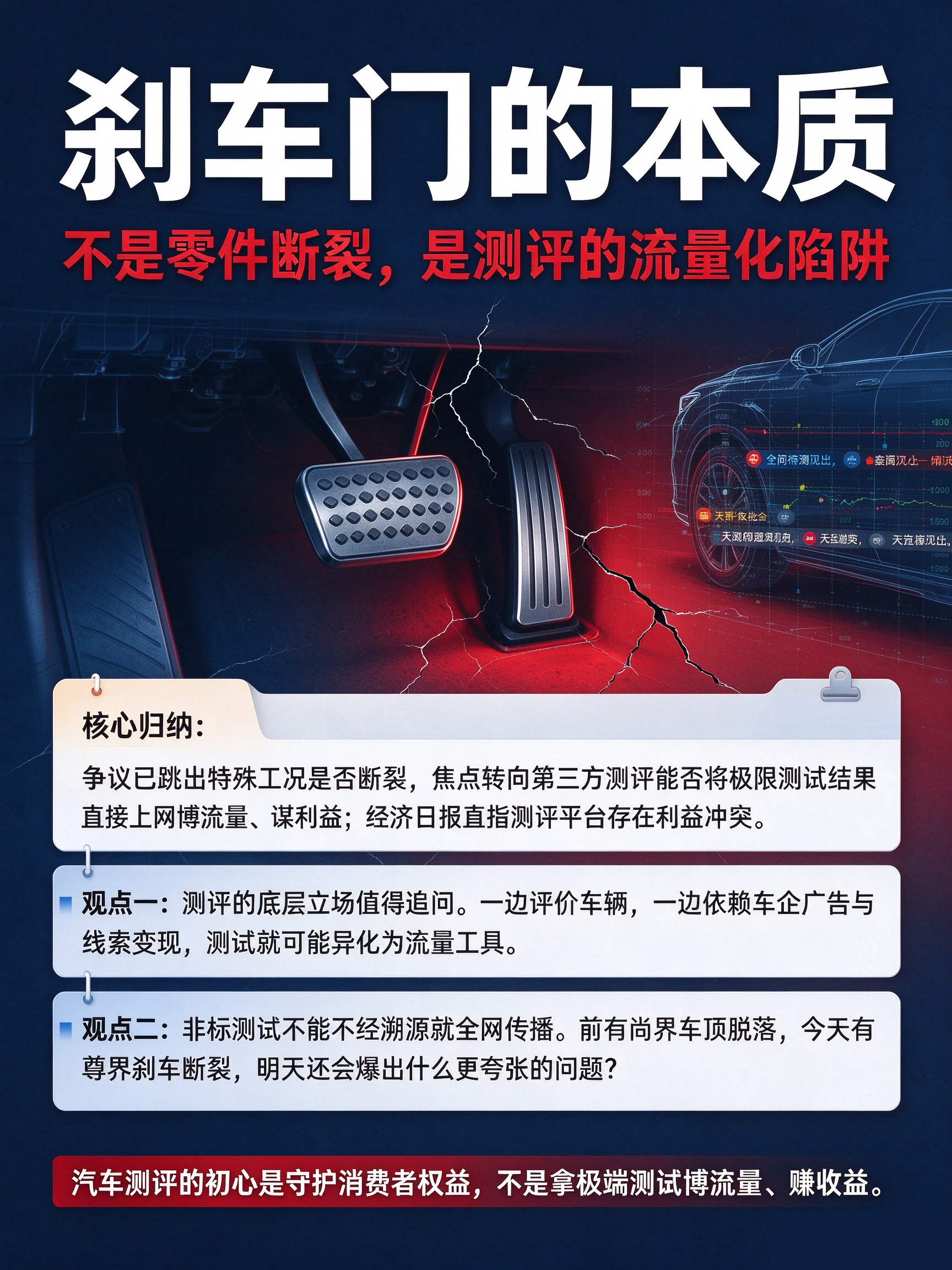 【刹车门的本质：不是零件断裂，是测评的流量化陷阱】
 #懂车帝测评被指利益冲突# 尊界 V800 刹车踏板测试争议，核心分歧早已跳出 “特殊工况会不会断裂” 的技术讨论。矛盾焦点在于：兼具广告、线索变现业务的测评平台，能否将极限测试结果网络化传播、博取流量牟利；车企疲于应对各类非标极限测试， ​