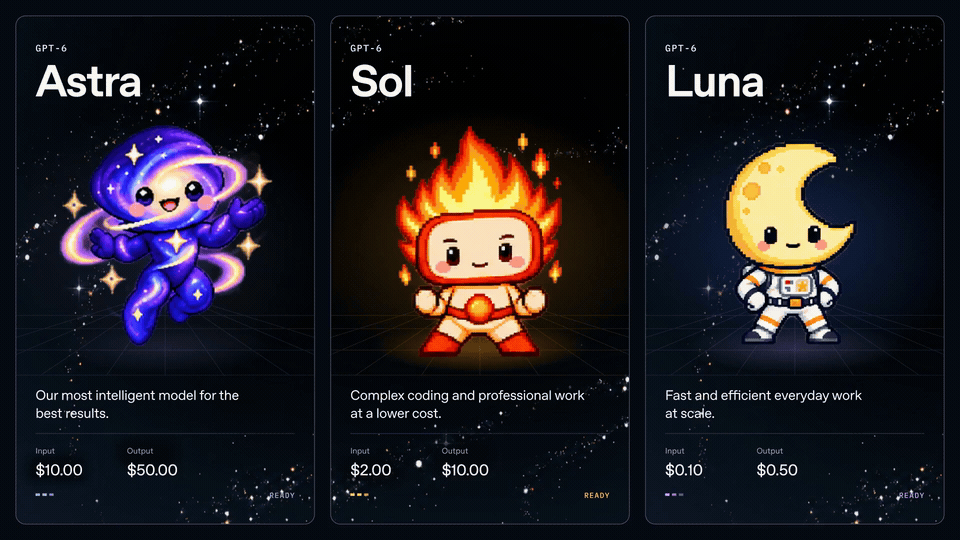 凌晨 OpenAI 发布了 GPT 6 Sol 和 Luna 模型，价格大幅下降，比之前的 5.6 Sol 和 Luna 直接便宜了一半，能力提升明显。#GPT6Sol发布#

 GPT 6 Sol 和 Luna 沿用了 Astra 的训练方法，将 Astra 在专业工作、事实准确性、编程、计算机使用和对齐方面的进步，带入速度更快、价格更实惠的模型。

GPT 6 As ​