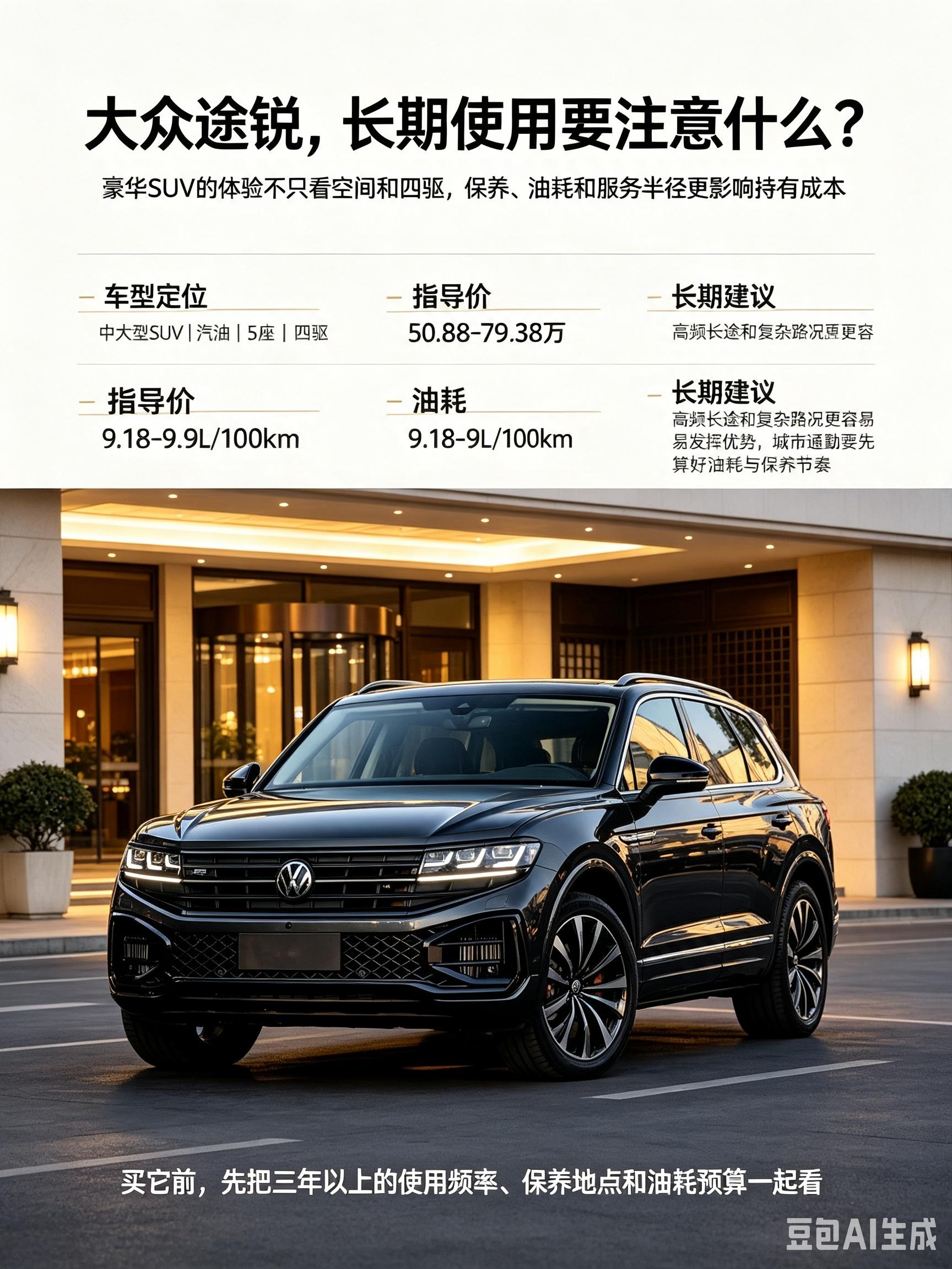 大众途锐属于低调的中大型豪华越野车，有2.0T和3.0T版本，而且标配四驱，底盘质感没得说，高速和烂路都能给力，外观看着也霸气，大空间足够用。不过这车后期保养费用不低，油耗也高，指导价起步50.88万起，比较昂贵。【来自懂车帝车友圈】