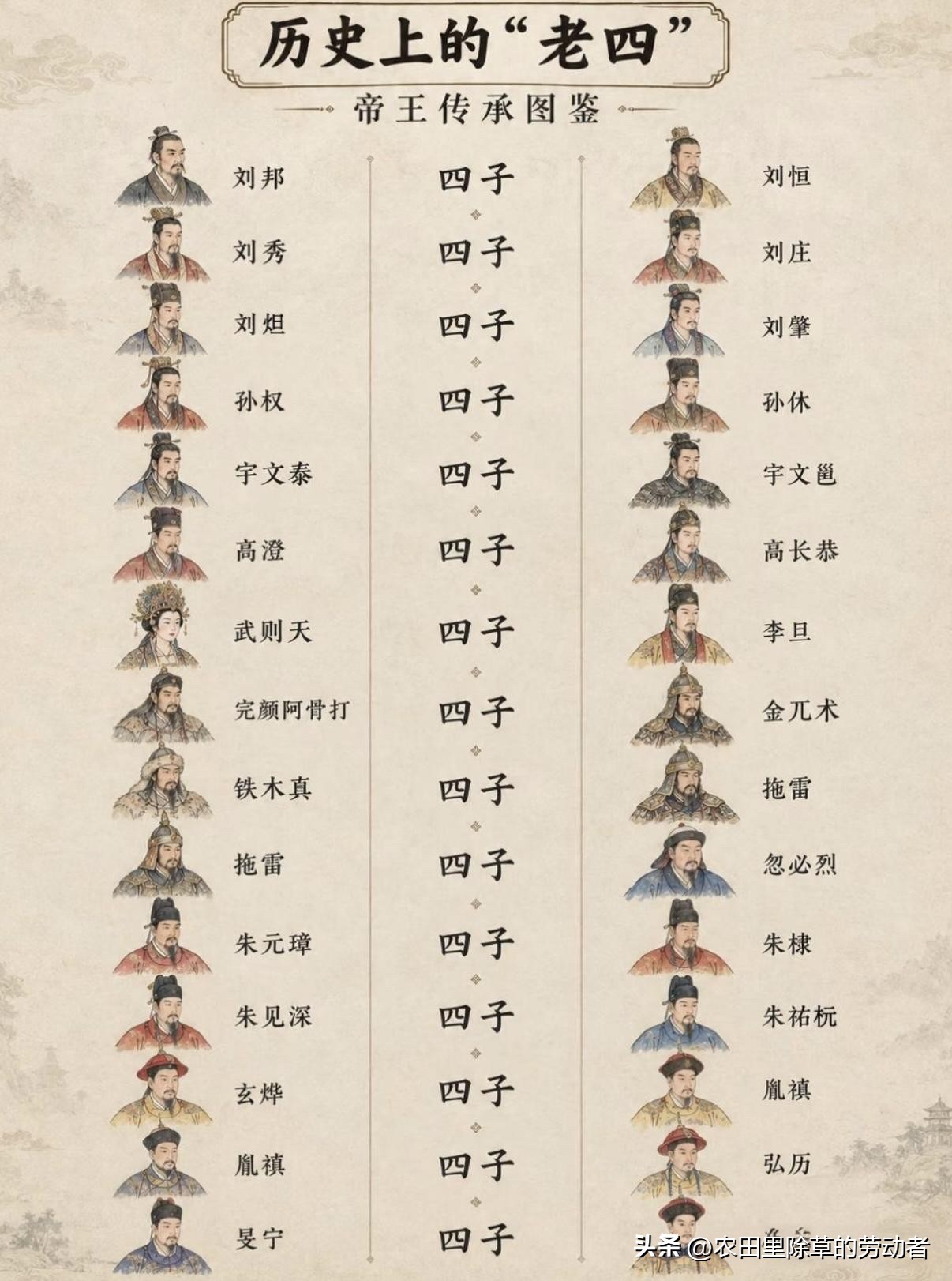 谁能想到，历史上这么多厉害人物，都是家里的老四！这张帝王传承图鉴，整理了历朝那些逆袭出圈的“老四”。汉文帝刘恒、永乐帝朱棣、雍正胤禛，还有忽必烈、李旦……原本不是嫡长，却登上舞台，书写出属于自己的时代。
自古立长是常态，可很多老四，凭着胆识和机遇改写了历史。都说老四出狠人，看完这张图是不是深有感触？