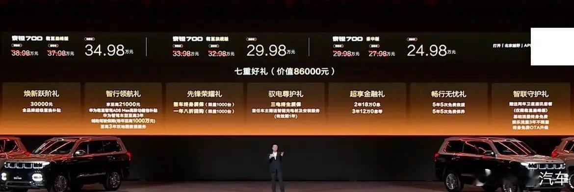 【24.98万起北京越野泰钽700上市 搭896线激光雷达/华为乾崑ADS 5】新车采用非承载式车身，搭载1.5T魔核智能增程系统，CLTC综合续航里程1340km。此外，车辆还将采用896线双光路图像级激光雷达，并提供华为乾崑ADS 5 Max辅助驾驶系统，支持全场景越野NOA。

车内提供10.25英寸全液晶仪表+15.6英寸中控液晶显示屏+15.6英寸副驾液晶显示屏+HUD抬头显示，配备8155/8295车机芯片。还配备国家大剧院专属调音的音响系统，拥有ANC主动降噪、后排隐私声盾功能。

底盘方面，配备前双横臂独立悬架，后多连杆独立悬架，提供前后桥差速锁以及智电中锁，配备8段压缩回弹双向可调阻尼氮气减振系统。此外，新车还将支持ATS全地形识别系统、12挡蠕行模式、战术掉头、越野信息辅助（海拔、坡度、指南针）等功能。#华为乾崑智驾配泰钽700有多强#