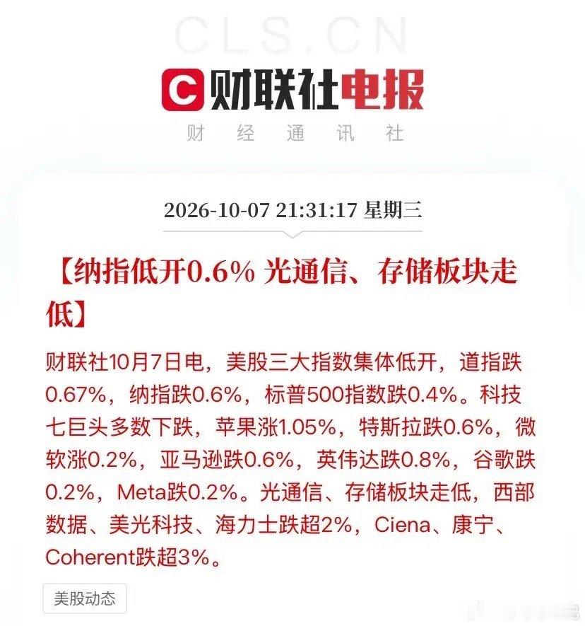 真绝了！A股明天开盘，美股今晚准时给脸色——纳指低开0.6%，光通信、存储板块直接带头砸盘。

国庆这几天A股休市，美股那边倒是蹭蹭往上冲，我们关着门干瞪眼，一分钱肉没吃上。结果倒好，明天一开盘，今晚美股立刻集体低开：道指跌0.67%，标普500跌0.4%，纳指跌0.6%。

科技七巨头也没一个争气的：英 ​