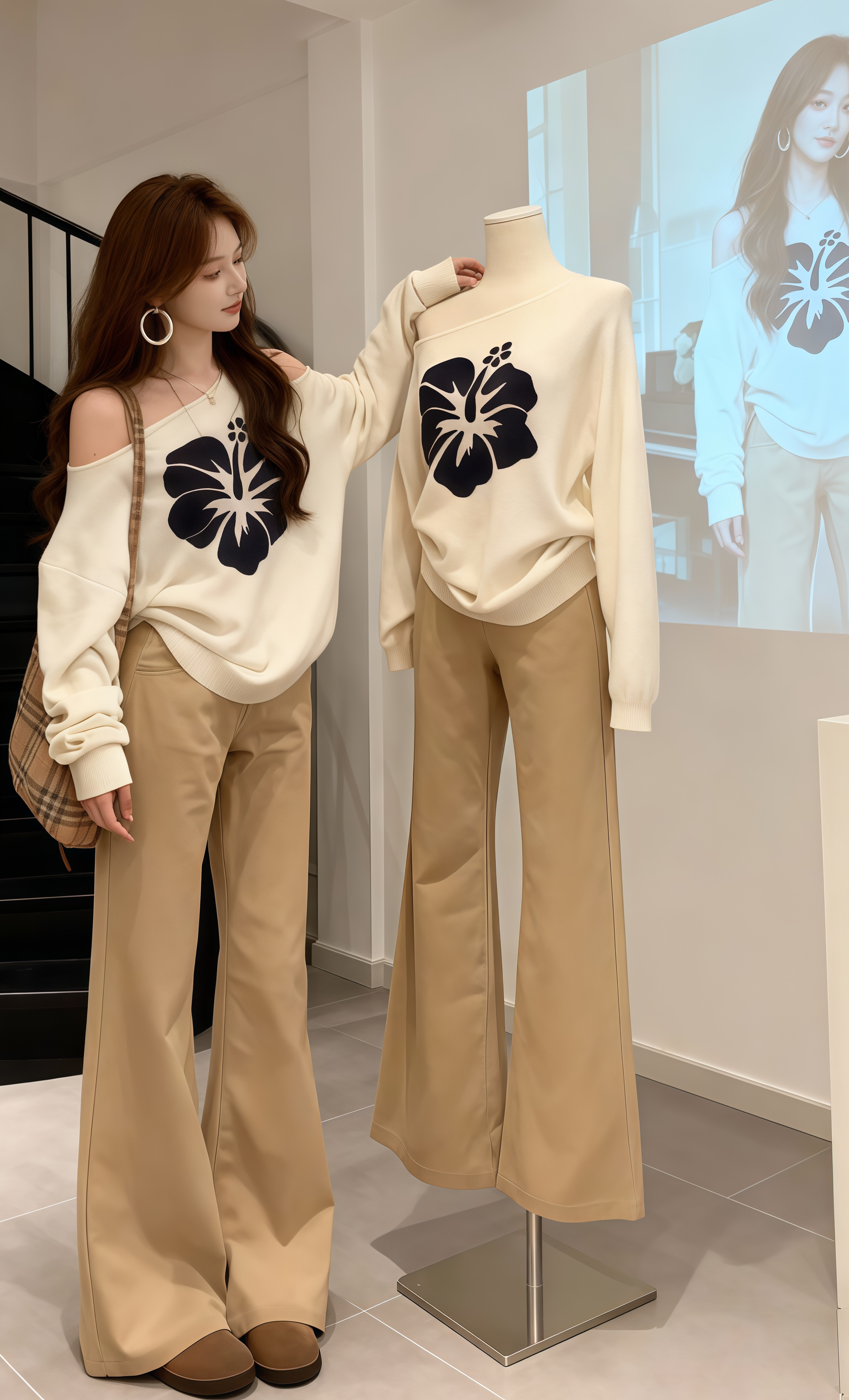 姐妹们都去穿这套韩系气质小香风套装！白色斜肩针织毛衣搭配休闲裤，一整套...