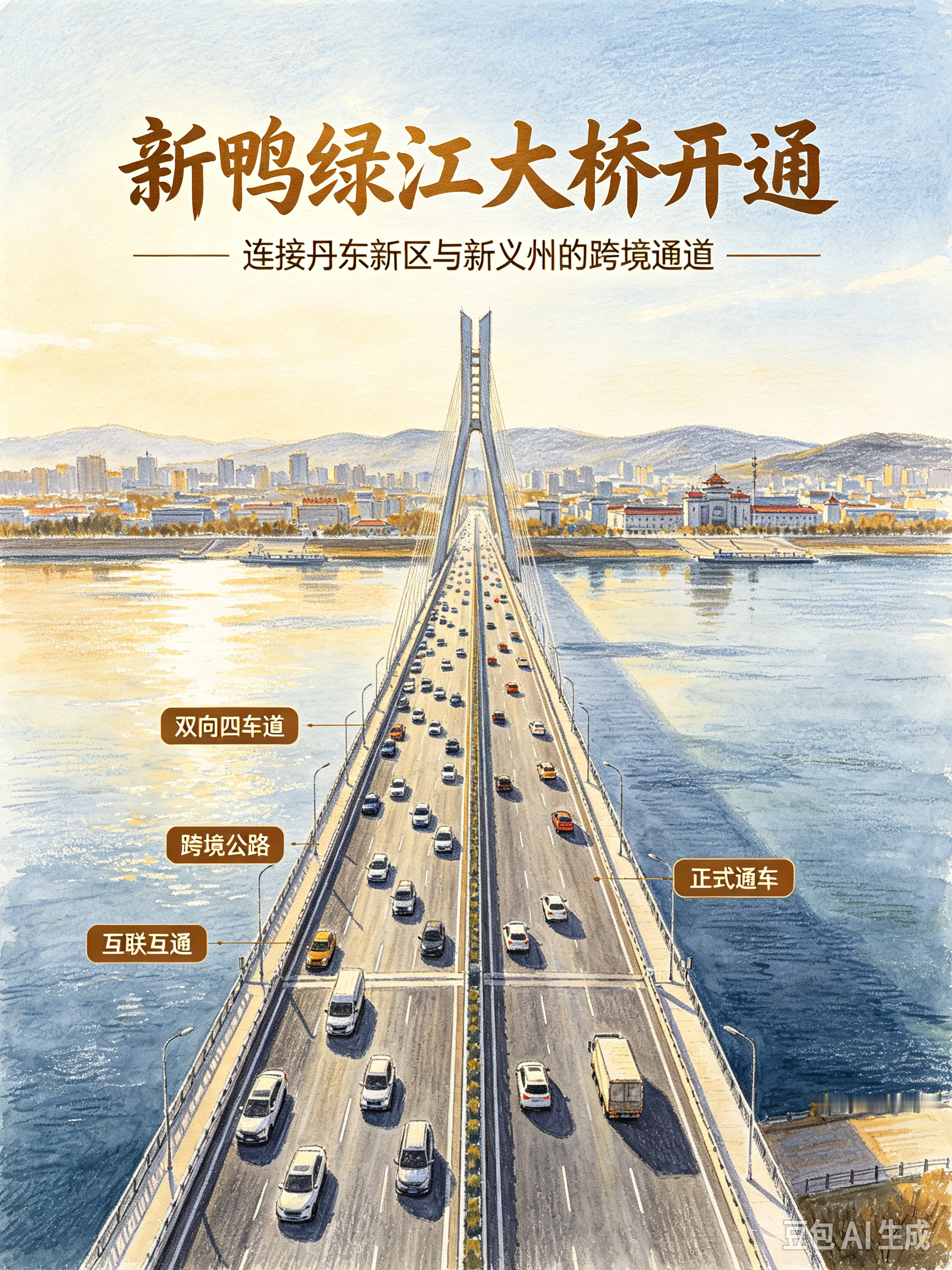 中朝新鸭绿江大桥正式开通，这座搁置多年的跨境公路大桥，终于投入使用，这件事也引来不少网友的关注讨论 。
 
大桥坐落在辽宁丹东，横跨鸭绿江，连接我国丹东新区与朝鲜新义州，是双向四车道公路大桥。对比过去老旧的中朝友谊桥，新桥可以通行大型集装箱货车，货运通行能力得到大幅提升，能够极大缓解老口岸的运输压力