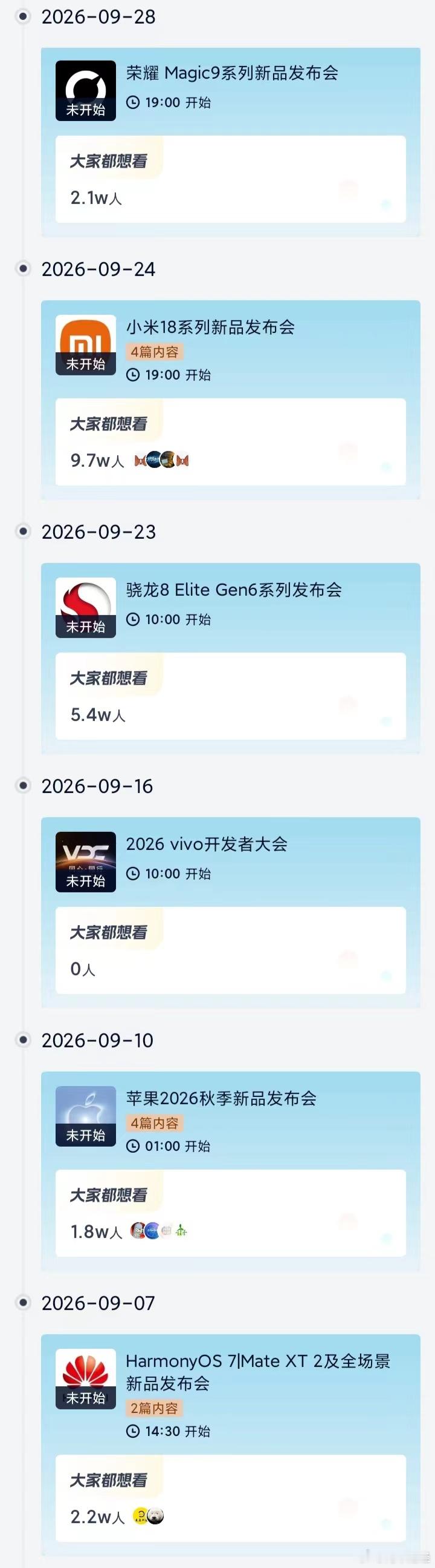 【#苹果华为荣耀小米9月扎堆发新机#】#多家手机厂商扎堆9月开发布会# 9月1日，9月本就是智能手机传统秋季上新窗口，承接开学季、国庆以及后续双十一预售的消费红利。而2026年多家品牌选择集中在9月推出年度旗舰。多家头部品牌新品排期出炉：
9月7日，华为HarmonyOS 7|Mate XT 2及全场景新品发布会
9月1 ​