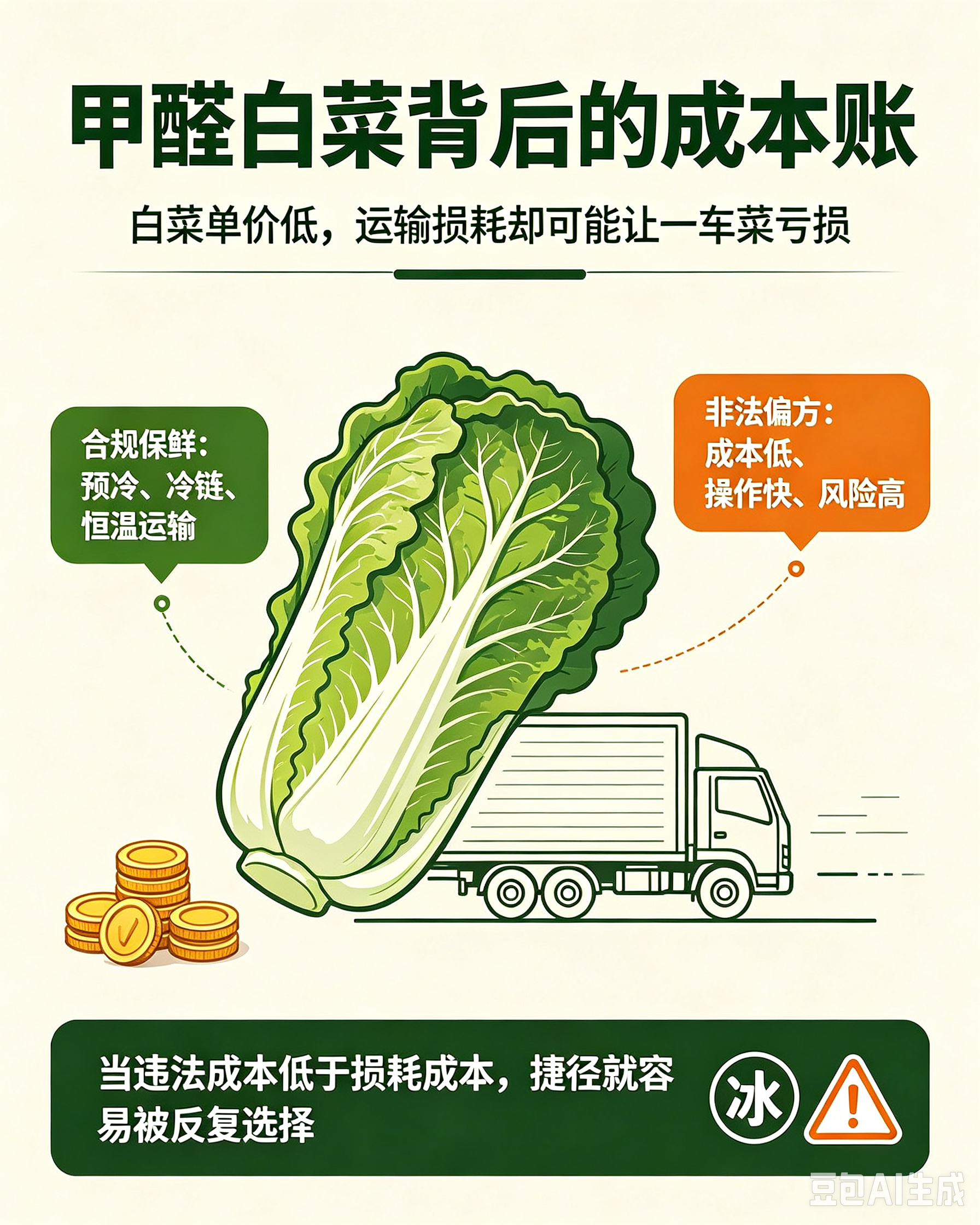 只为省几毛钱，“甲醛白菜”为何屡禁不止？
明明甲醛属于一类致癌物，严禁用于蔬菜保鲜，可“甲醛白菜”的乱象却反复出现 。
 白菜货值低，长途运输损耗大。合规冷链保鲜成本高，而甲醛成本极低，蘸一下菜根就能减少腐烂，一些收购商便铤而走险。
 问题多发生在田间地头装车环节，属于监管的交界地带。甲醛挥发性强，