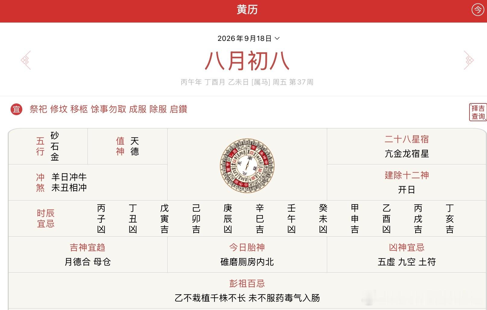 八月初八丁酉月乙未日，是月开日。值日吉星：月德合、母仓、阴德、时阳、生气、天仓、神在、七圣。今日的乙未日主，与昨天死气沉沉的甲木就有不同。乙木虽然也于绝气之月，但年日支为生、养之气处境就从容许多了。当然，木于仲秋之间仍是身弱的状态。不过，乙木性柔是可以顺从整个日子格局的。今日是丙丁火成势的格局，弱木从火也是合理的。因此，今日也算是吉选之日了。今日的年月日是杂排乙丙丁三奇格，带着几分贵气。今天是开日，而且日子是属于以主从其客的意思，所以适合用于开张、开业之用；主客和气的日子，是有利生意经营的。这木火之格的日子，丙午丁未坐山、方位可以选用。今日犯土符、土公死之煞，是不宜动土的。
