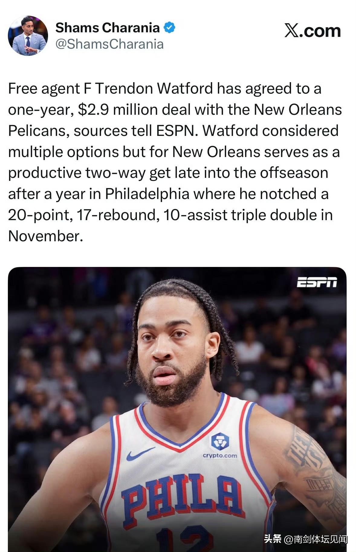 【NBA】鹈鹕队今天连签两人+裁掉一人，休赛期终于有大动作了！

鹈鹕官方今天正式宣布签下自由球员前锋特雷登-沃特福德。这位25岁的前锋上赛季效力76人，场均出战16.3分钟能拿下6.5分3.3篮板2.5助攻。去年11月他还曾单场砍下20分17篮板10助攻的劲爆三双！

合同细节也很有意思——1年2