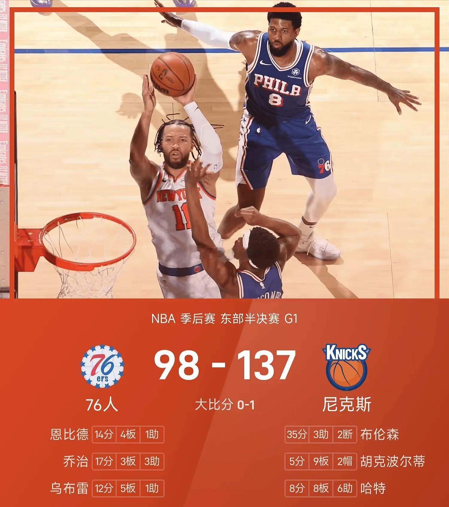 05月05日讯 25/26赛季NBA季后赛东部半决赛G1，尼克斯对阵7...