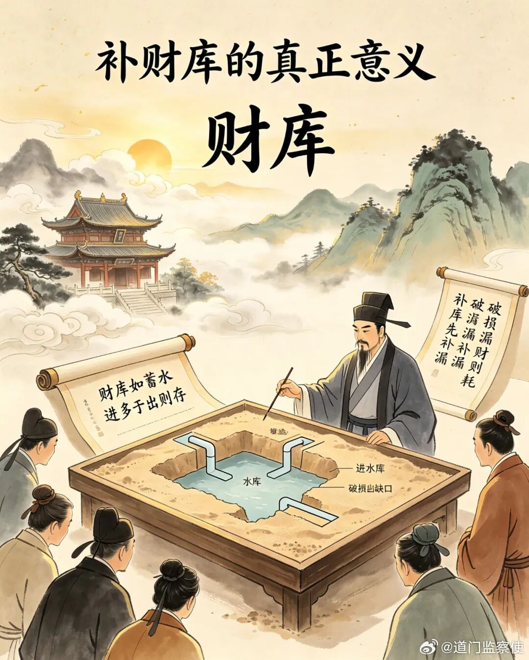 #道系人生[超话]##道教[超话]#道长，补好了财库，钱自然就来了吗？补财库真的有用吗？
1

许多善信看了一些有关于道教开补财库的文章，跑来问道长：我只要参加了增补财库的科仪，就能发财了吗？

打个比方，财库就像是一个蓄水的水库，还有一根水管进，一根水管出。先祖积累的福报，以及你的功德善事， ​
