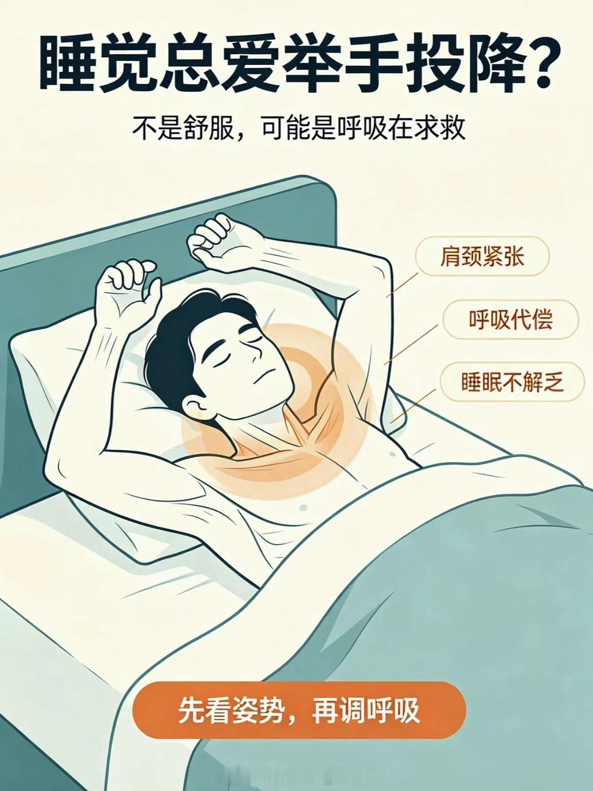 你睡觉时举起来的那只手，在替谁喊救命

先说个反常识的：你以为睡觉把手举过头顶，是像婴儿一样回到了最放松的状态？恰恰相反。这个姿势要是长期出现，十有八九是你身体在跟你打暗号，打的还是求救信号。这种举手睡姿，在中医里有个很直白的说法叫“阳不入阴”。通俗点讲，就是你的心肺火气太旺，体内热气堆积排不出去。