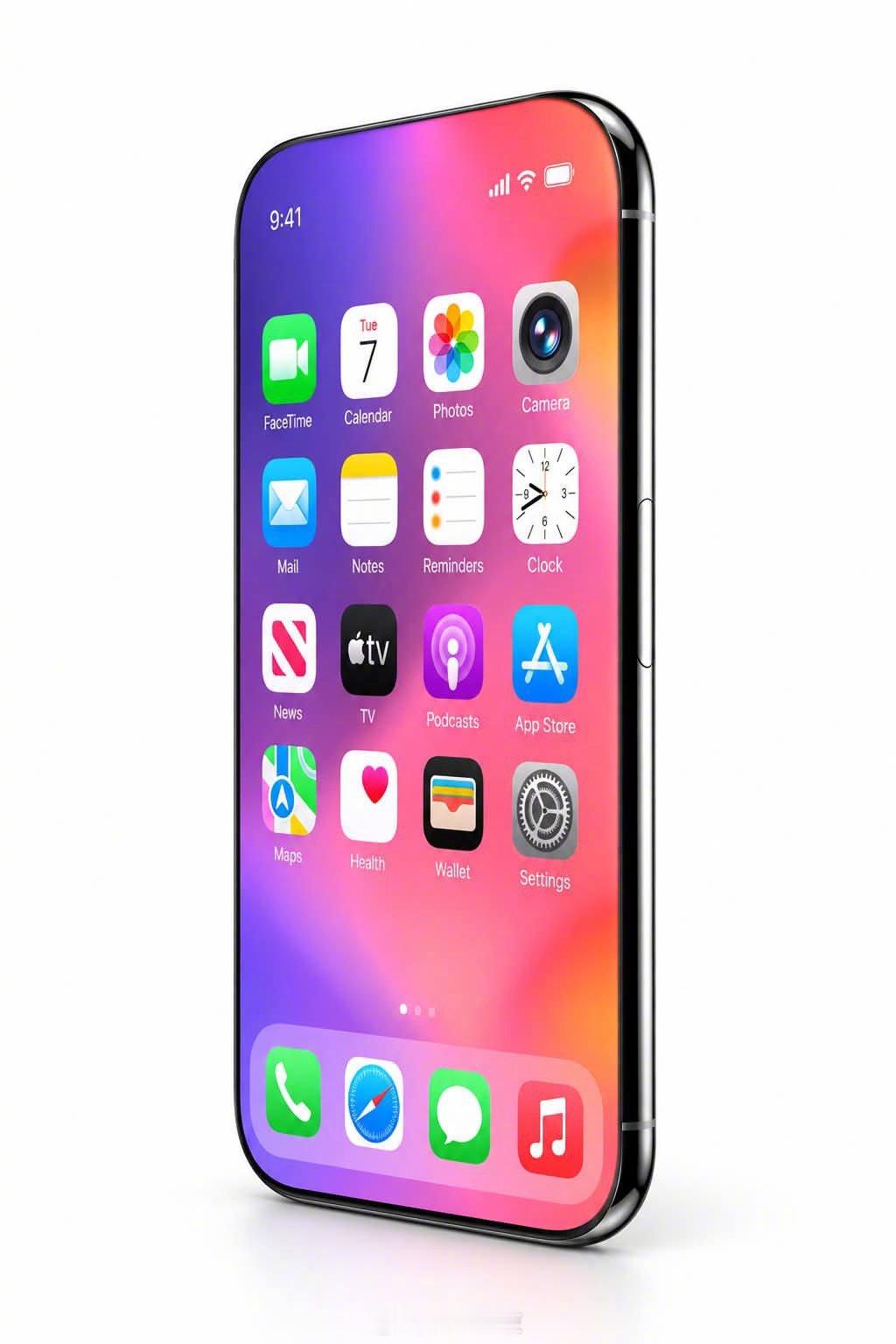 苹果早晚会推出真全面屏的iPhone，也许这几年就会实现，但大概率不会像下图这样，最起码基本的屏幕封装黑边以及边框保护还是要有的，否则跌落破碎的风险太大了。而且说实话，这张图猛的一看，没有了灵动岛还真不习惯，你们觉得呢？ ​