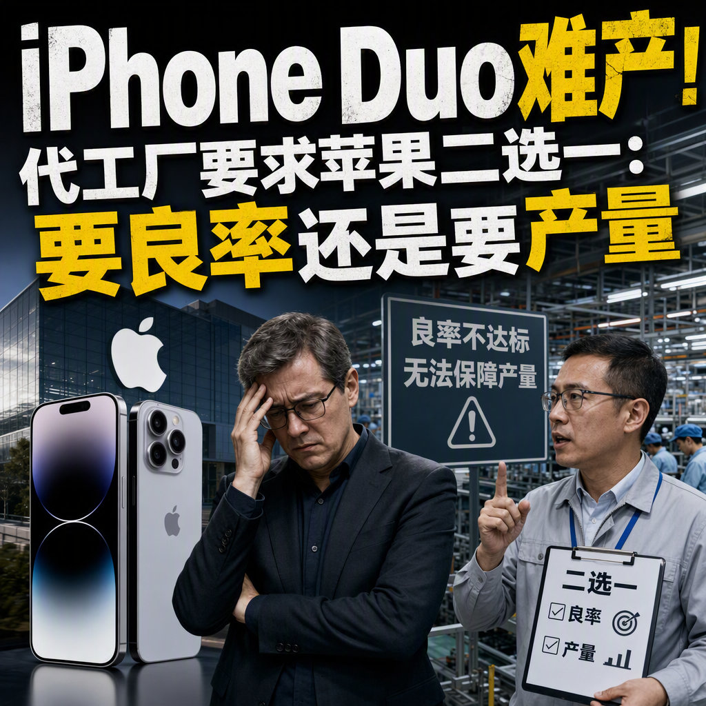 苹果首款折叠屏iPhone Duo还没开卖，就先被推上了热搜。
9月23日，博主定焦数码爆料，代工厂给苹果出了一道选择题：要良率，还是要产量。
这背后的信号，值得细看。
第一个信号，是良率真的低。
界面新闻援引供应链消息，iPhone Duo在富士康的整机组装良率仅六成多，想稳定量产还要半年到一年调