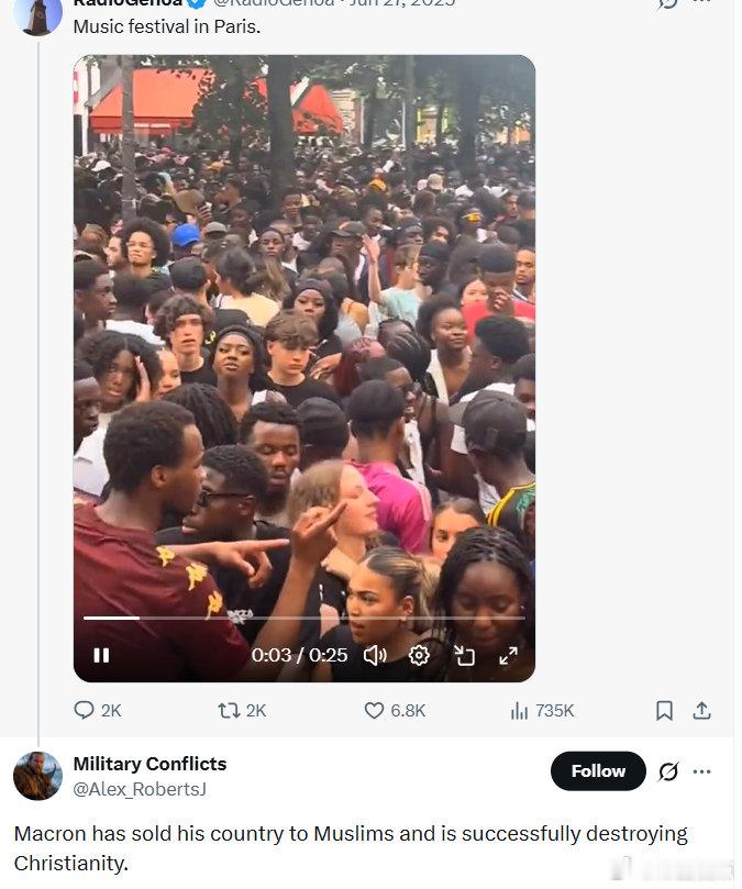 马克龙已经把自己的国家卖给了穆斯林，并正在成功地摧毁基督教。 ​