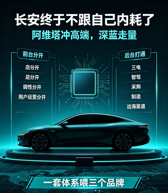 深蓝和阿维塔不是合并，是长安终于不跟自己内耗了。
阿维塔继续冲高端，深蓝继续走量；
店分开、调性分开、用户运营分开，
但三电、智驾、采购、制造、出海渠道全打通。
翻译一下：
以前比谁牌子多，现在比谁后台省；
以前各烧各的钱，现在一套体系喂三个品牌。
新能源下半场，
不是“我有多少个品牌”，
而是“我这套体系能摊薄多少成本、能打进几个国家”。
长安这刀切在后台，不动前台——
高端不降级，走量不丢脸，集团要利润。
多品牌狂奔结束，大单品+大体系时代开始了。#长安汽车#