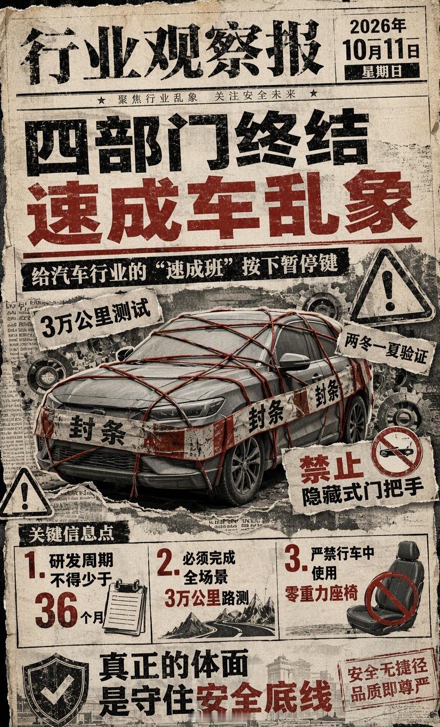 #四部门终结速成车乱象#
给汽车行业的“速成班”按下暂停键，这场迟来的成人礼很有必要。

过去几年，车企为了抢市场，把原本需要36个月的研发周期硬生生压缩到12个月。仿真测试代替了真实路测，甚至连门把手这种基础件都敢只做20%的实物验证。结果就是消费者买到的不是工业品，而是带着隐患的半成品。 ​