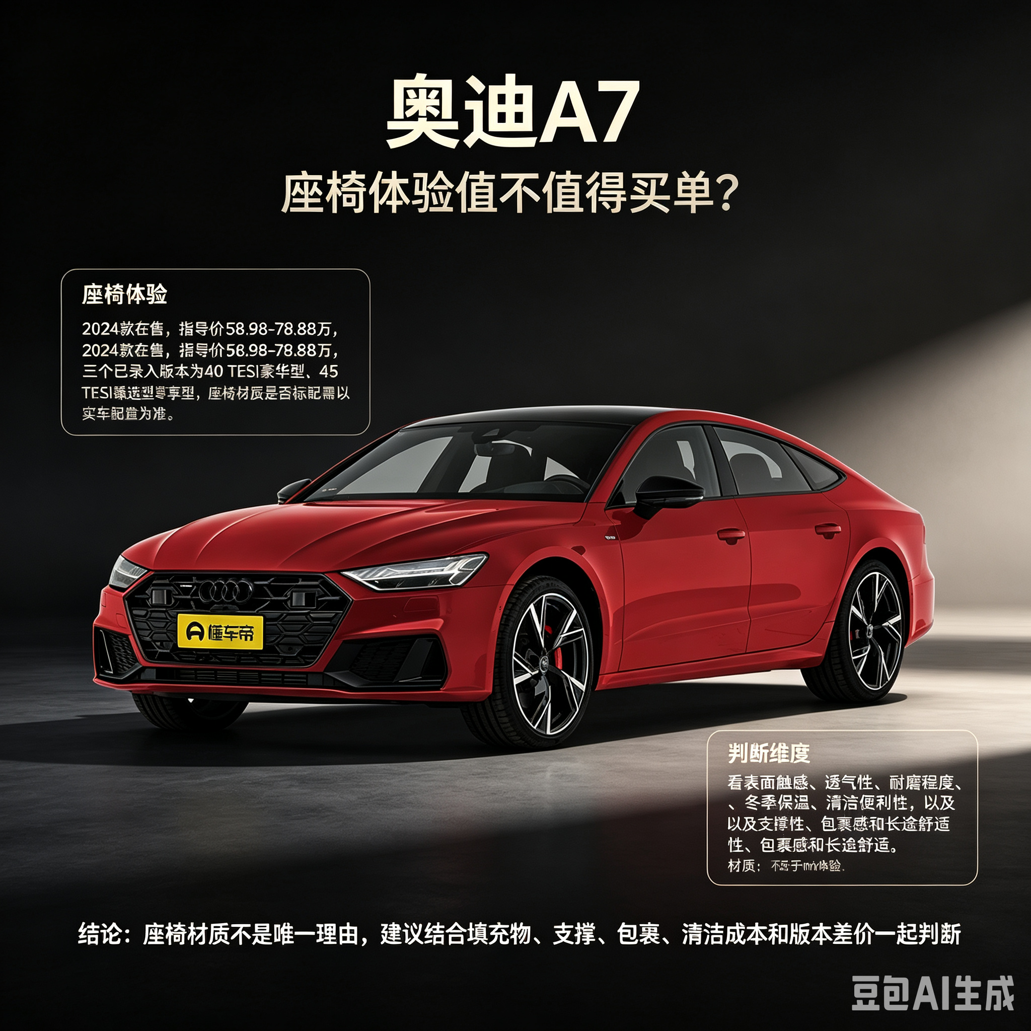29，指导价58.98‑78.88万的奥迪A7，优雅的溜背造型很吸睛，但不少车友纠结它的座椅体验值不值得买单。
挑选时别只盯着座椅的材质标签，还要综合考量填充物、表面触感、透气性、支撑性与包裹感。冬季保暖、日常好不好打理、长途乘坐会不会疲惫，这些实际用车场景里的细节同样重要。不同版本座椅配置有差异，