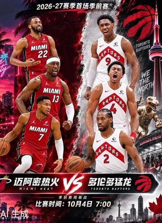 NBA季前赛揭幕战就上强度！猛龙主场迎战热火，3个看点比比分更值钱

早上七点，闹钟设了吗？

北京时间10月4日07:00，2026-27赛季NBA季前赛揭幕战开打——多伦多猛龙坐镇加拿大魁北克城的Videotron中心，主场迎战迈阿密热火。这座球馆2015年才启用，这是它第一次迎来NBA比赛，对