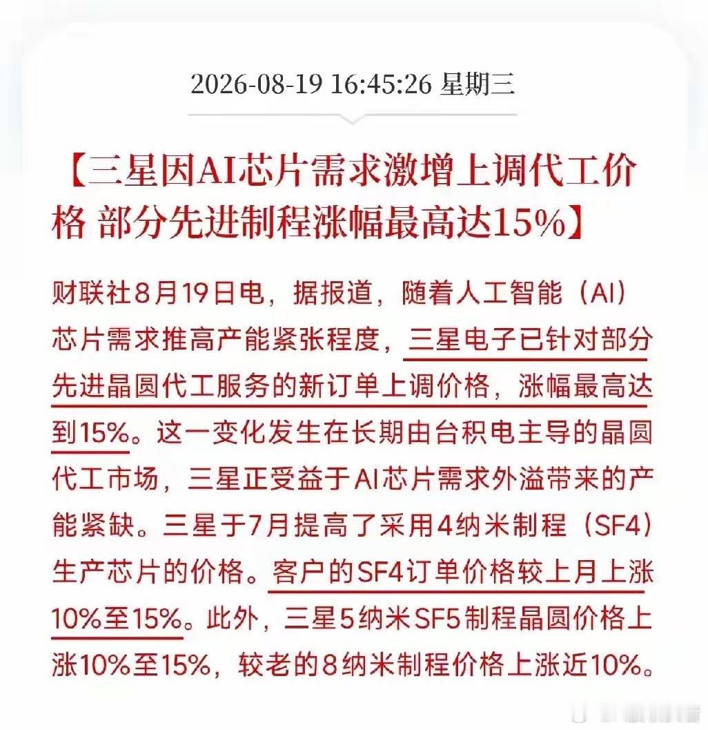 下午4点半，一条消息从首尔传来，让市场从今天全球科技股的大幅回调里清醒了

不是财报，不是回购，而是三星，在存储芯片刚刚经历一轮踩踏，全球AI硬件一片惨淡的当口，反手把晶圆代工价格往上抬了。4纳米、5纳米制程，新订单价格涨10%到15%，连老旧的8纳米都涨了近10%。

股价在调，产线在涨。金融市 ​