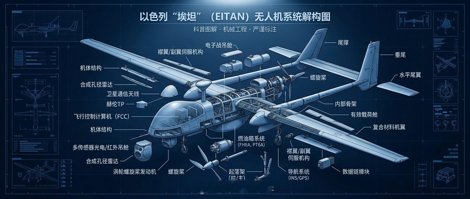 翼展堪比波音737的“天空巨眼”：以色列“埃坦”无人机

如果无人机也有“体重级”划分，以色列“埃坦”（Eitan）绝对是重量级选手。

“埃坦”又名“苍鹭”TP（Heron TP） ，由以色列航空航天工业公司研制。翼展26米——跟波音737客机差不多。机身长14米，最大起飞重量4650公斤，有效载荷1吨。装备一 ​
