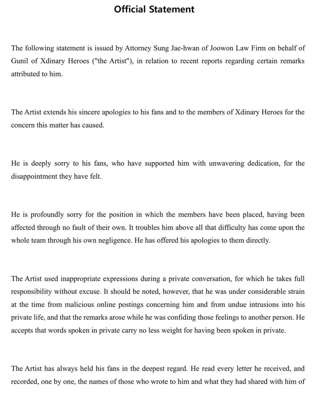 全文+google翻译

“虽然我们认为他完全可以提起民事和刑事诉讼,但艺人选择原谅发帖人。他告诉我们, 当他回想起粉丝们对他的爱时,他别无选择。根据艺人的意愿,我们目前不会提起法律诉讼。 艺人只请求粉丝们接受他所说的话的真诚”💔💔💔 ​