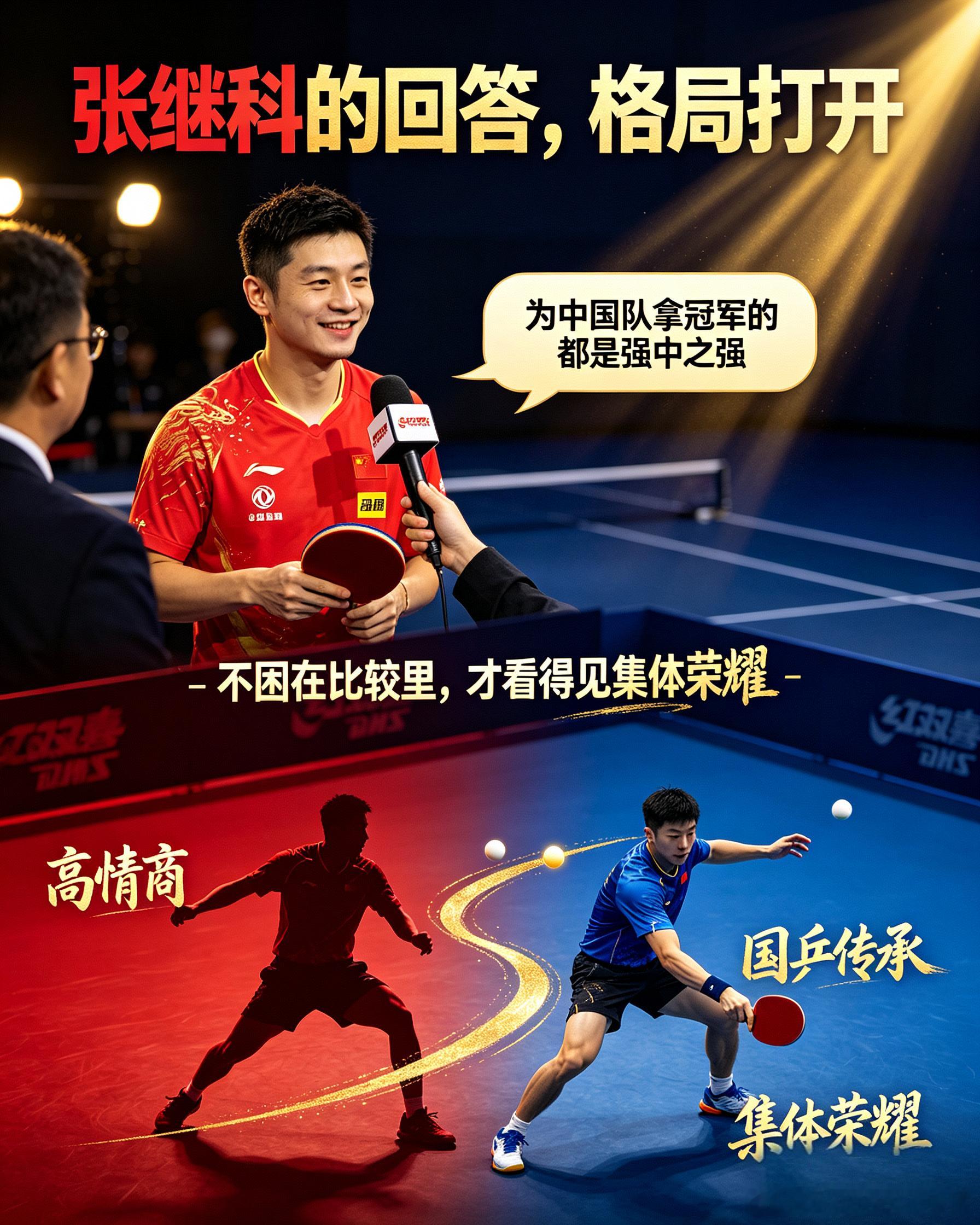 #张继科高情商回应和樊振东谁更强#
 
被问到“谁更强”，张继科没有陷入选手之间互相比较的陷阱。
一句“为中国队拿冠军的都是强中之强”，瞬间把格局打开。
 
这不只是简单的高情商回话，更是历经大赛、站过大场面沉淀下来的通透。身处聚光灯之下，每一句话都会被反复解读、放大，与其非要分出孰高孰 ​