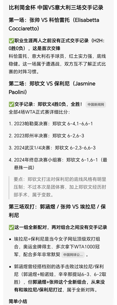 张帅把科恰雷托打成6-0、6-2，转头郑钦文就输给保利尼，1比1，中国队被逼进双打生死局。
郑洁临场换人，郭涵煜和蒋欣玗上，张帅没打双打。对面埃拉尼、保利尼，一个是奥运冠军，一个刚赢完郑钦文，手正热。
结果3-6、7-5、3-6，差一口气。
诡异的是，王欣瑜压根没进大名单。官方说法是兼顾单双打