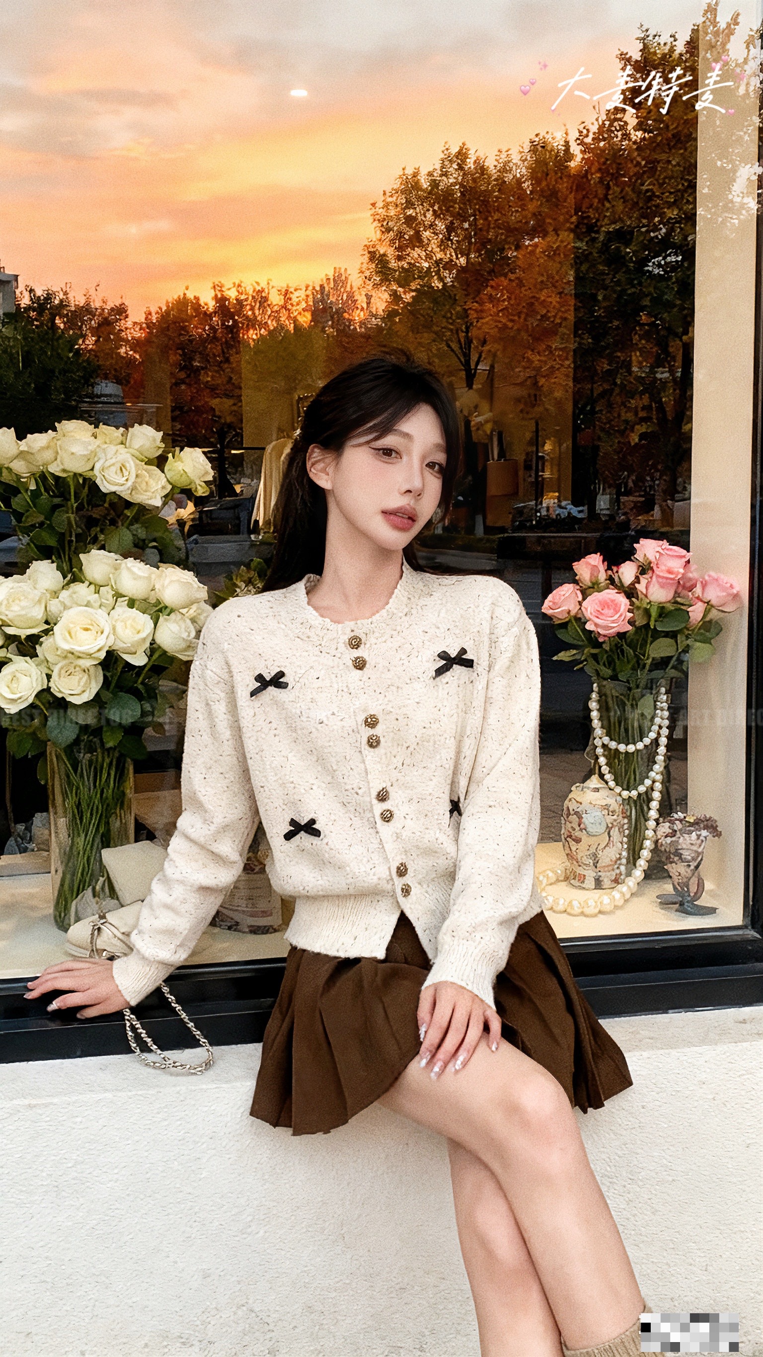 秋日大小姐氛围感直接拿捏！米白小香风针织开衫，自带细闪纹理+黑蝴蝶结装...
