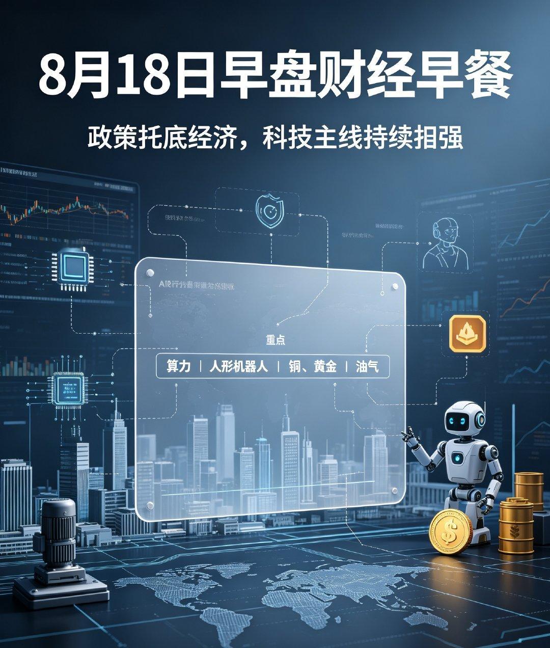 8月18日早盘财经早餐：政策托底经济，科技主线持续走强

周二A股整体情绪偏暖，隔夜外盘指数震荡走弱，但AI硬件、存储、光通信赛道逆势大涨，对今日科技板块形成强力情绪加持。

国内政策面持续托底经济，国务院会议明确扩大内需、强化科技赋能，加速新旧动能转换；发改委加码新型政策性金融工具，重点 ​