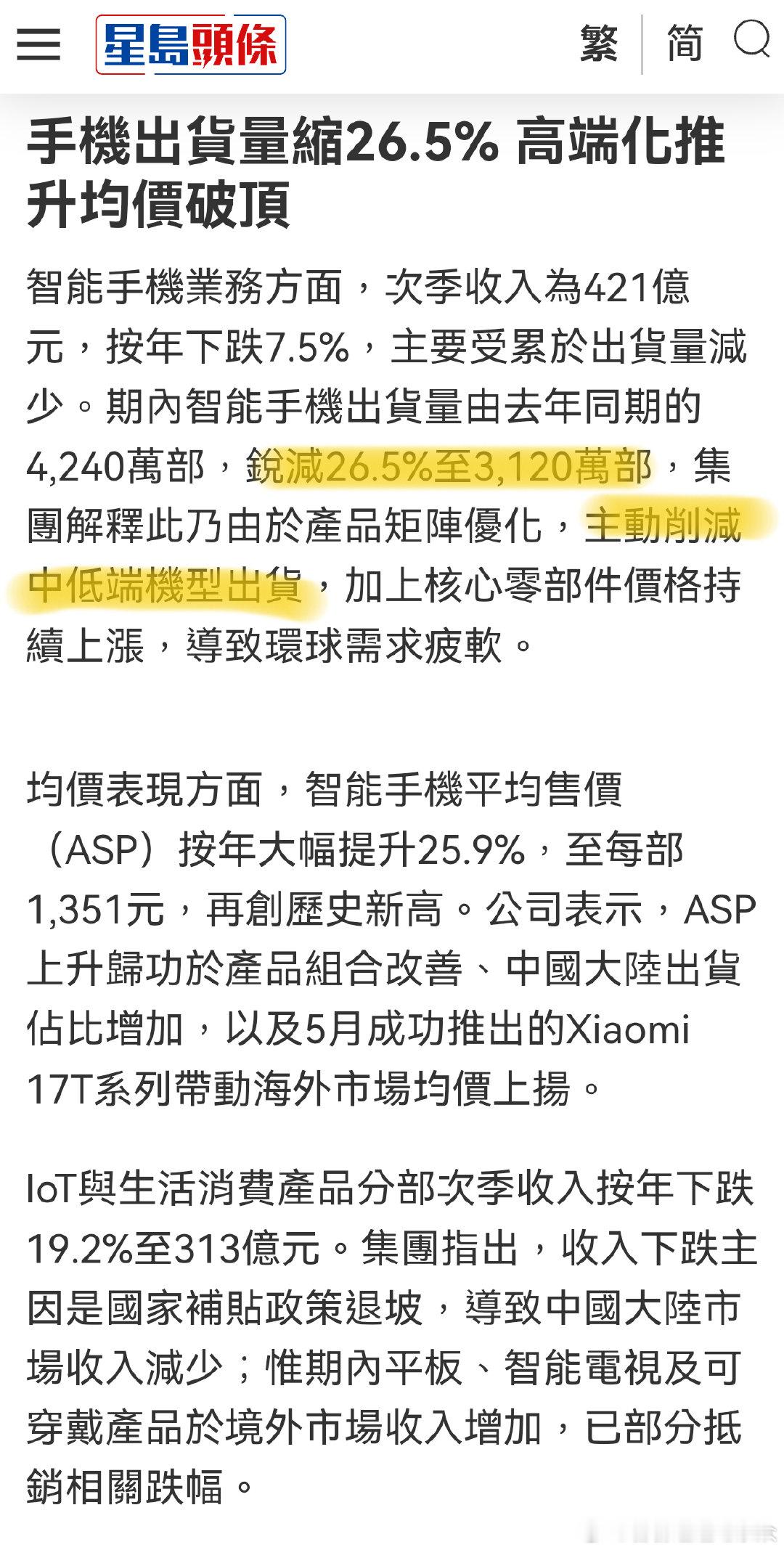 #小米集团最新财报# “主动削减中低端机型出货” ，小米高端成了[吃瓜][吃瓜] ​