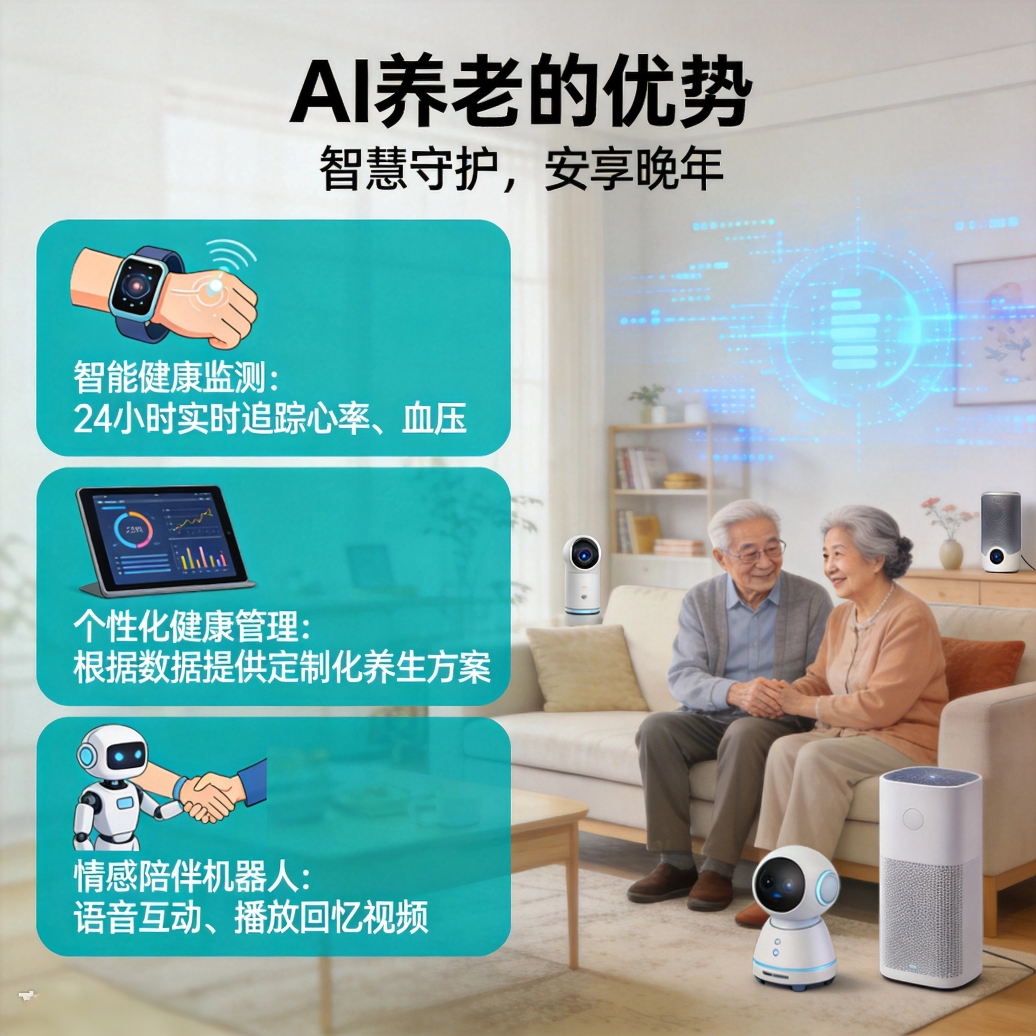 AI养老把毫米波监测、智能陪伴机器人、云端会诊这些技术落到日常，不用老人手动操作，就能24小时无感守护呼吸、体态等健康状态，异常情况秒级预警，为应急处置抢出黄金时间。
智能设备承接了清扫、送物、基础体征检测这类重复工作，让护理人员从繁琐事务里抽身，把更多精力