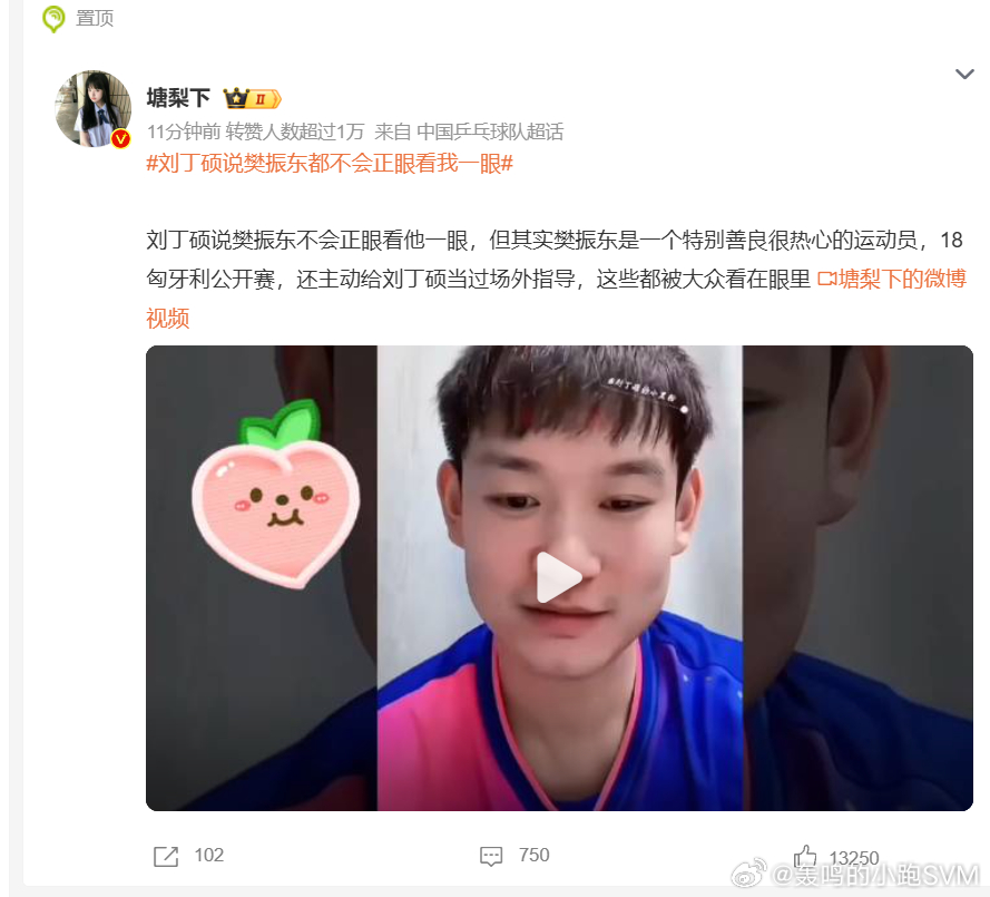 #刘丁硕说樊振东都不会正眼看我一眼#  以小人之心度君子之腹了。
1 哥哥在32强的时期，樊振东进入绝境，刘丁硕和哥哥在台上偷笑的样子是历历在目的---我不知道一个人得有多刻薄，才能在这种严肃、重要的场合里这么调侃队友。
2 樊振东，场外不说了，场内是真给过刘建议和指导，“正眼都不看”？瞎说。
 ​